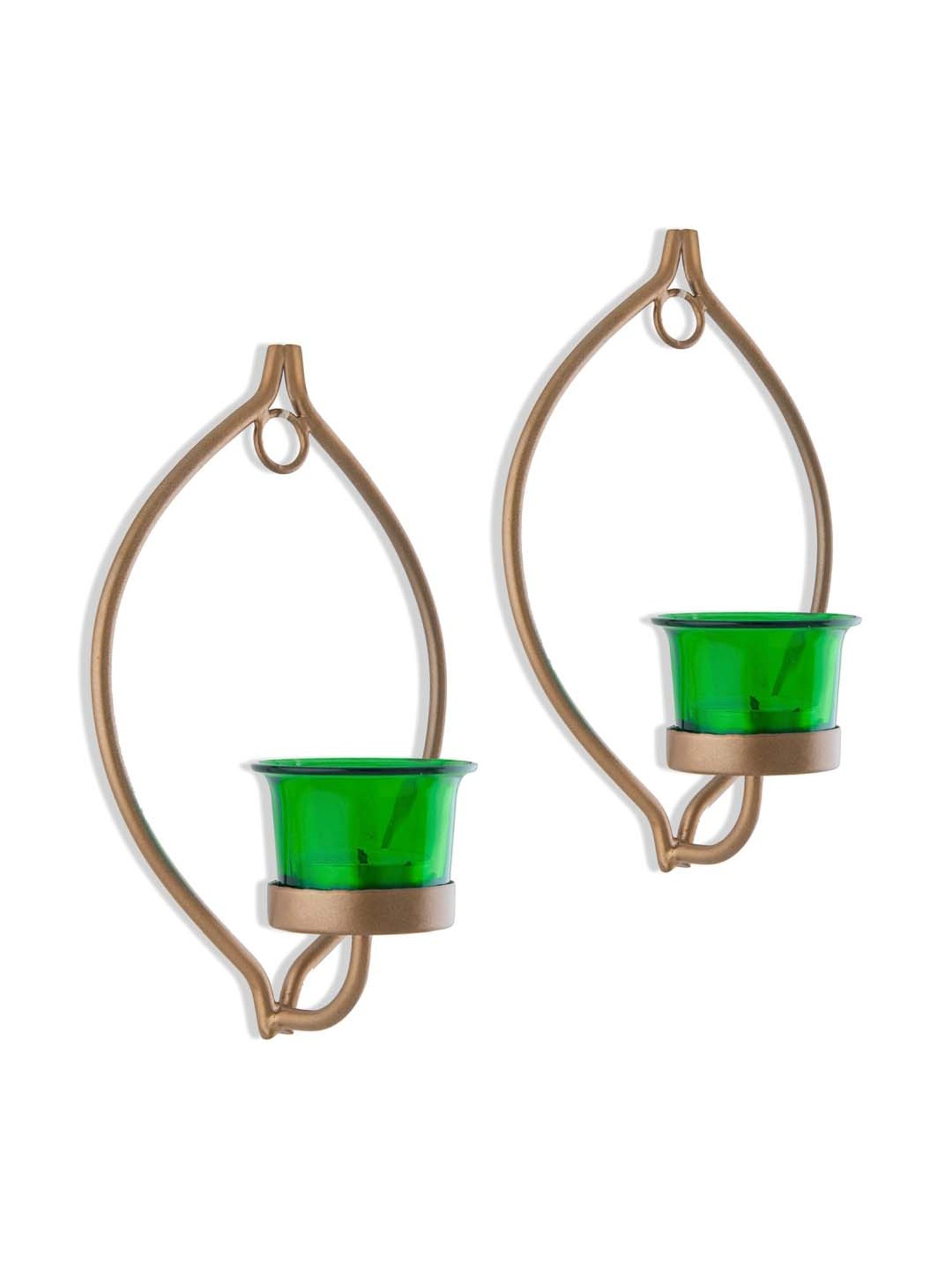 Homesake 'Christmas' Green & Golden Metal Wall Candle Holder With Tea Light Candle - Set of 2