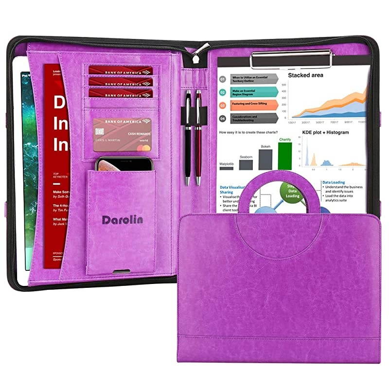 Zippered Leather Padfolio Portfolio with [Hidden Handle] and [Clipboard], Business Conference Portfolio Organizer Notepad Folder, Portfolio Bag, Portfolio Padfolio for Women/Men (Black)