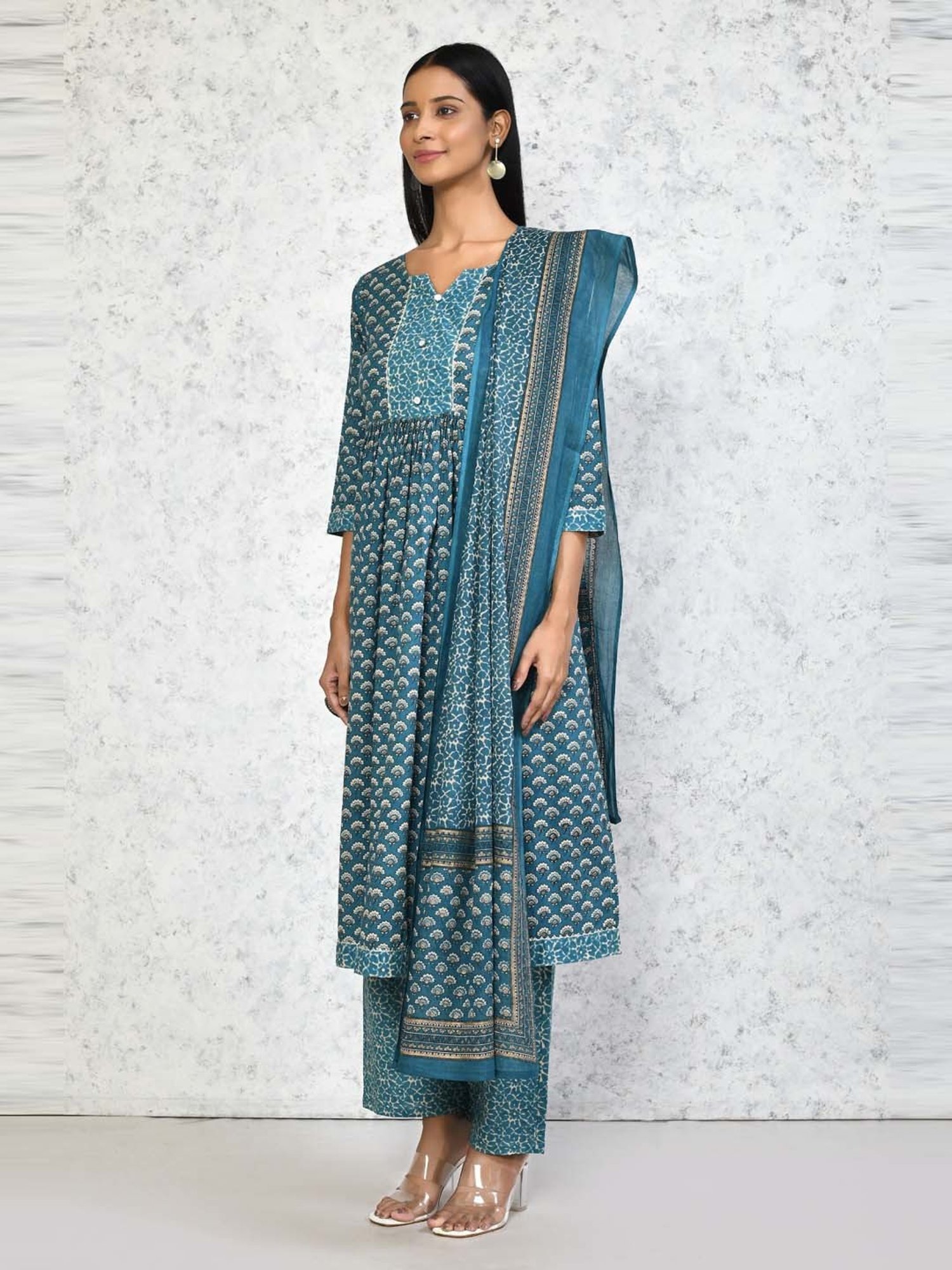 Miravan Blue Cotton Printed Kurta Palazzo Set With Dupatta