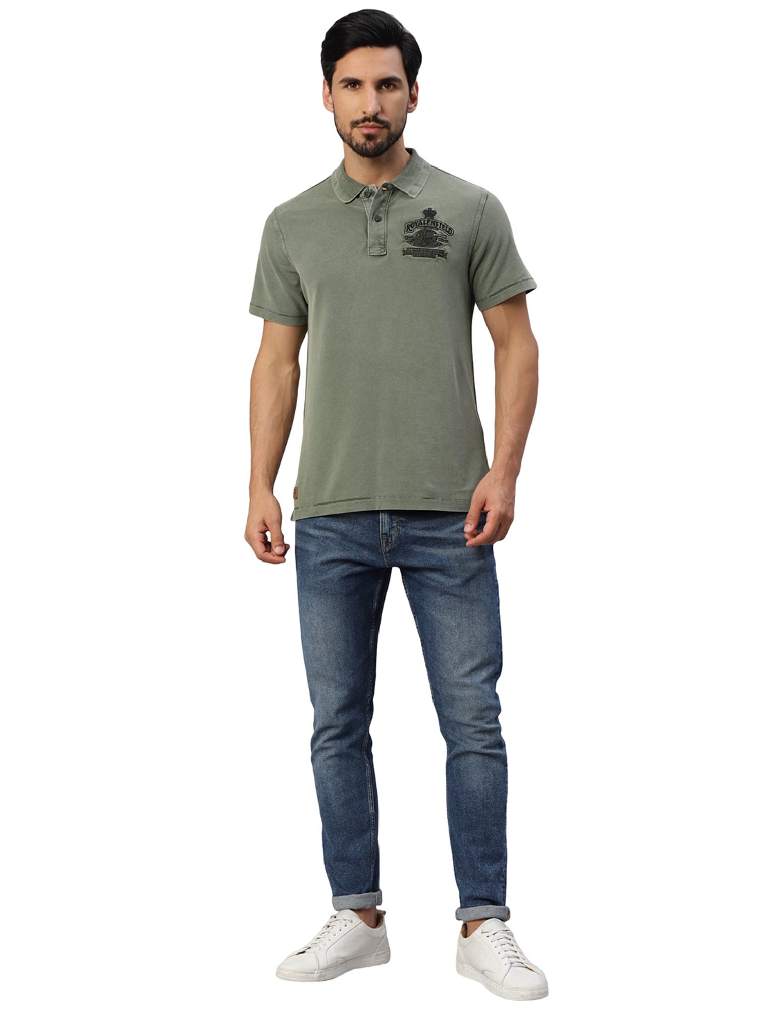 Royal Enfield Vintage Voyage Military Green Regular Fit Printed Polo T-Shirt