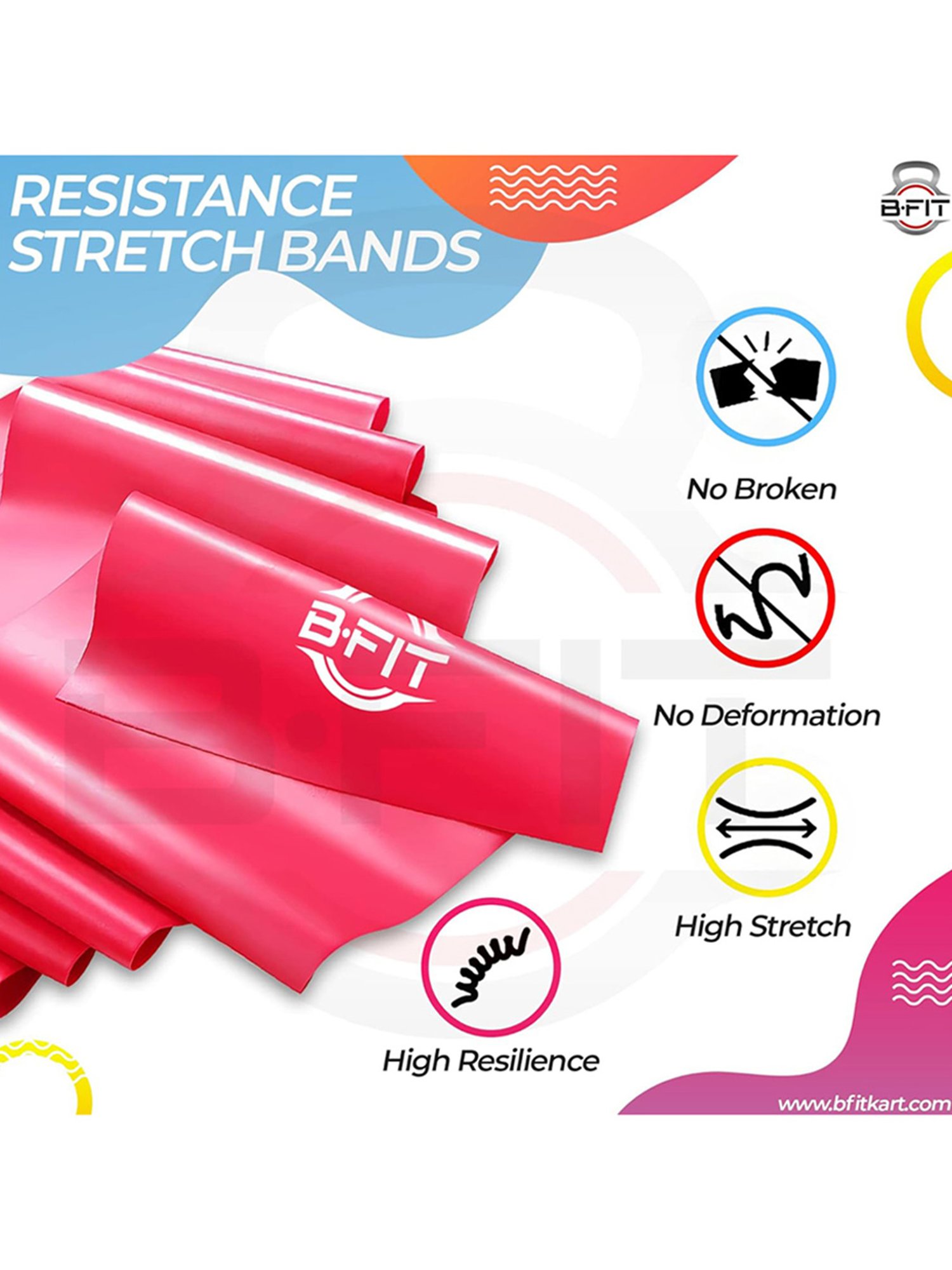 B Fit Exercise Rubber Stretch Resistance Bands Set of 3 (Multicolor)