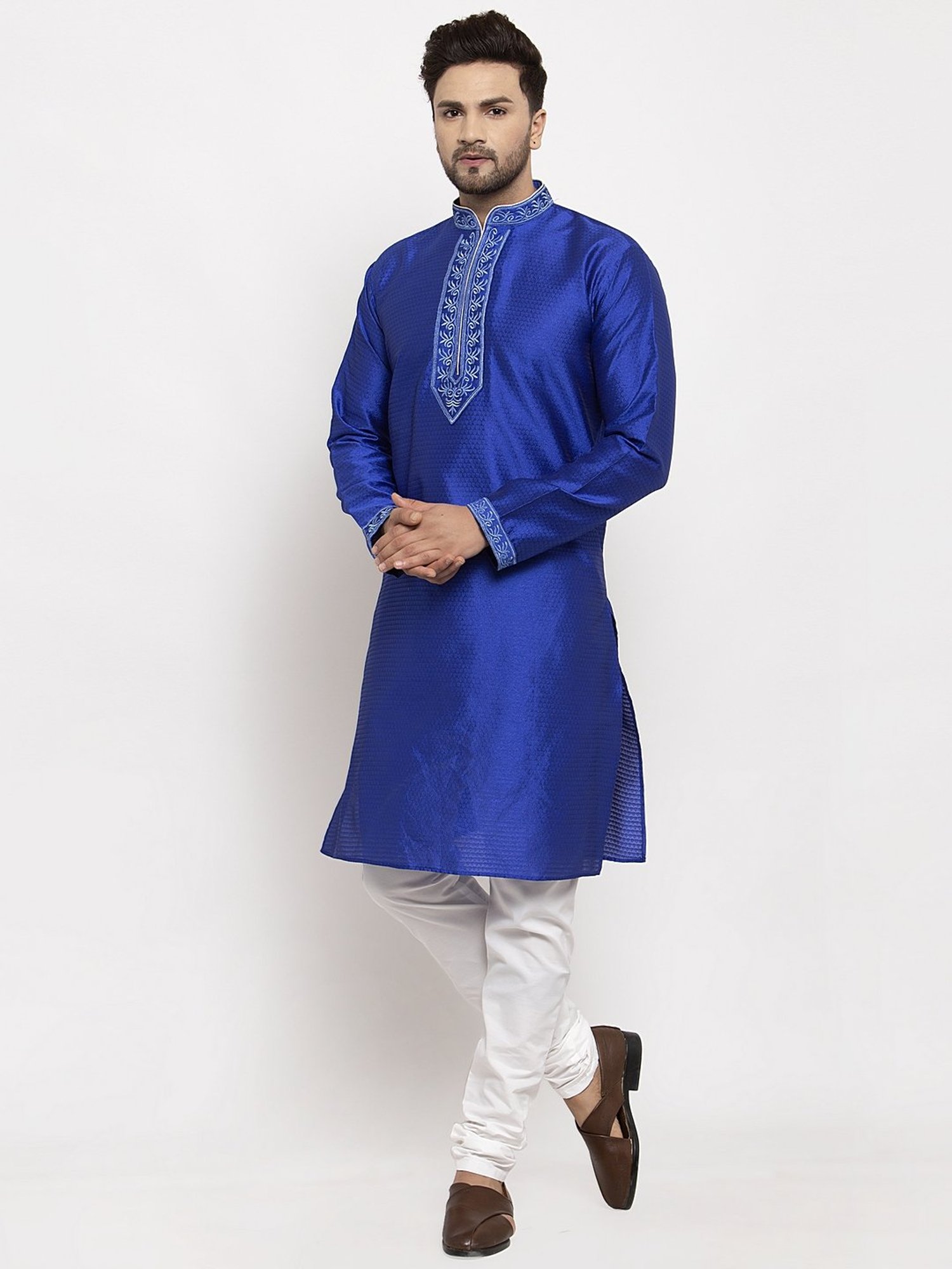 Benstoke Royal Blue & White Regular Fit Embroidered Kurta Set