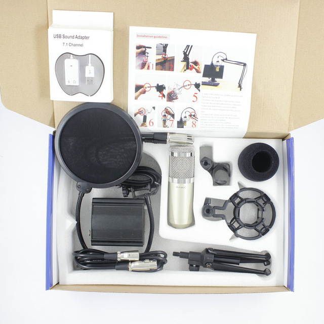 BM800 Condenser Microphone Cardioid Pro Audio Studio Vocal Recording Mic + 48V Phantom Power +Desk Stand +USB sound Adapter