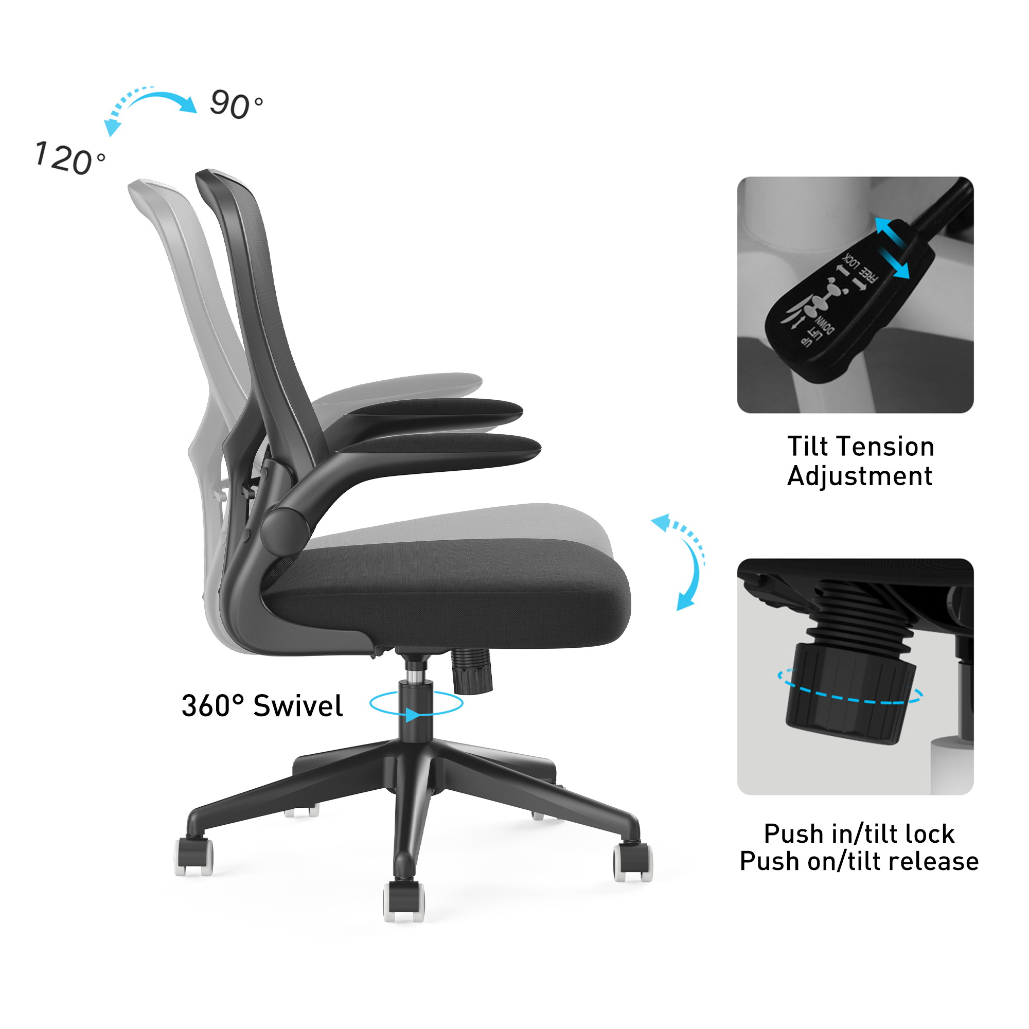 Hbada Office Chair, Ergonomic Desk Chair, Computer Mesh Chair with Lumbar Support and Flip-up Arms, Black