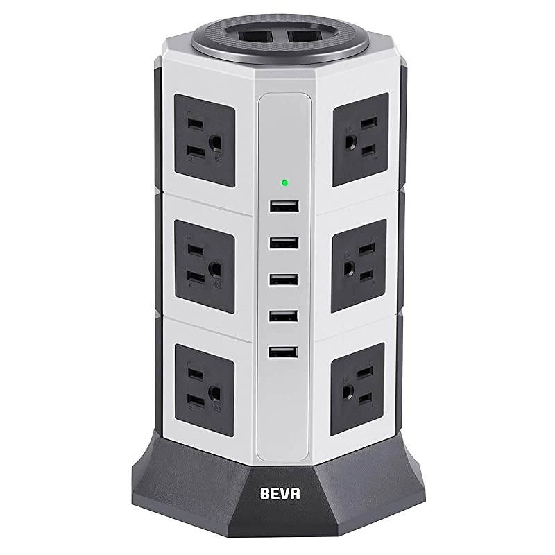 Surge Protector Desktop Power Strip Tower- 12 AC Outlets 5 USB Ports Charging Station 1875W/15A, 1050 Joules Multi Protection with 6.5ft Heavy Duty Long Extension Cord for Home Office ETL Listed