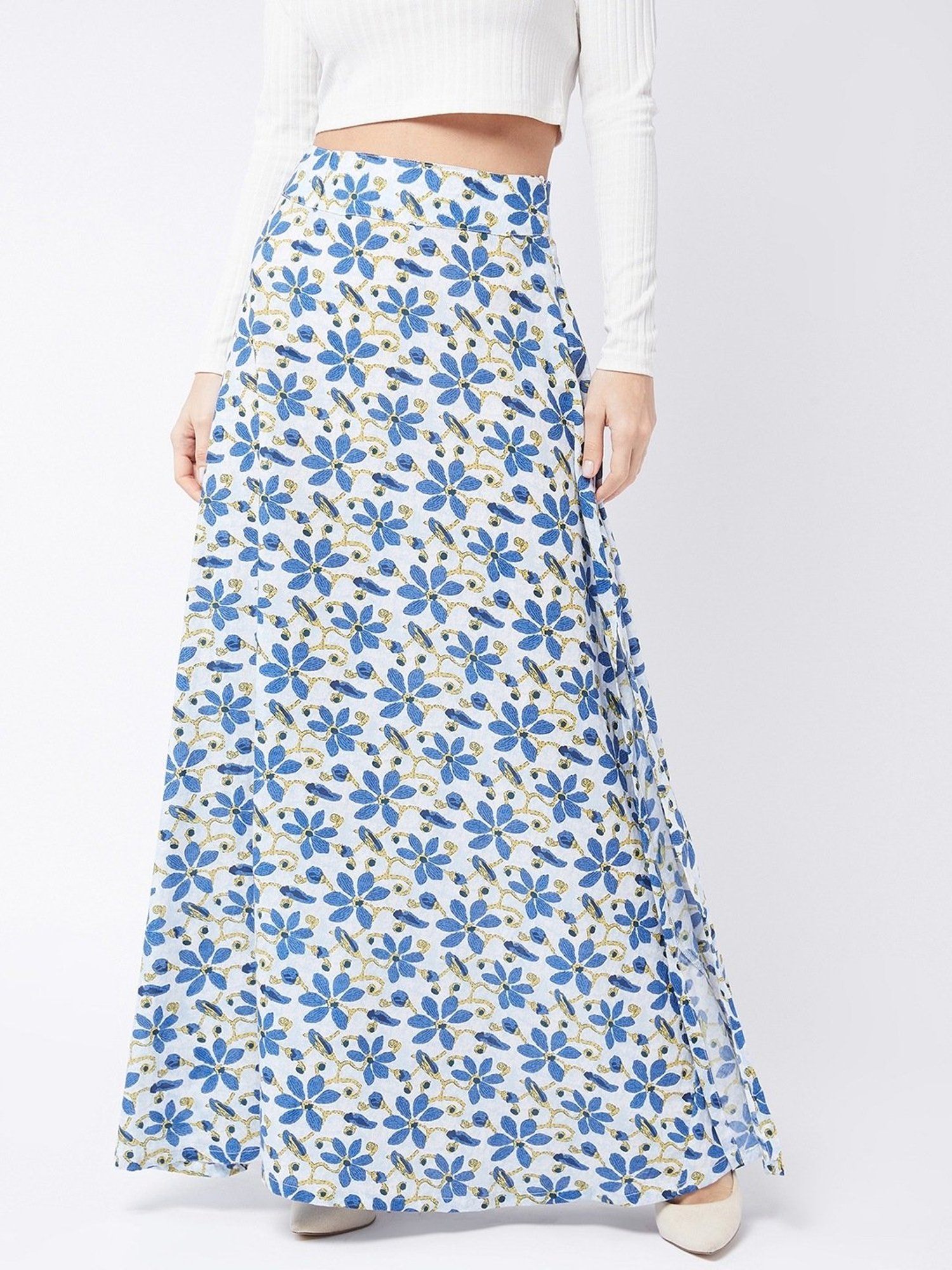 Inweave Blue & White Cotton Printed A-Line Skirt