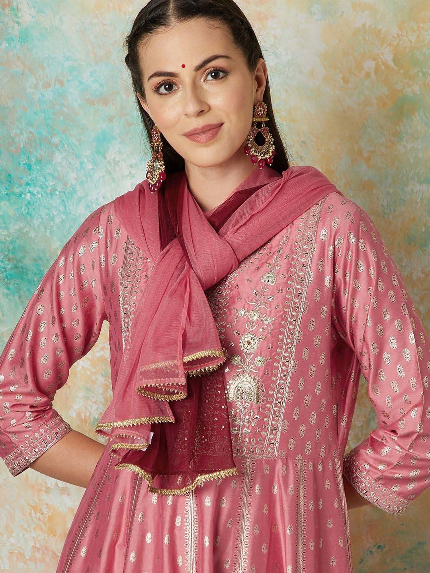 Melange by Lifestyle Pink Embroidered Kurta & Pant Set With Dupatta