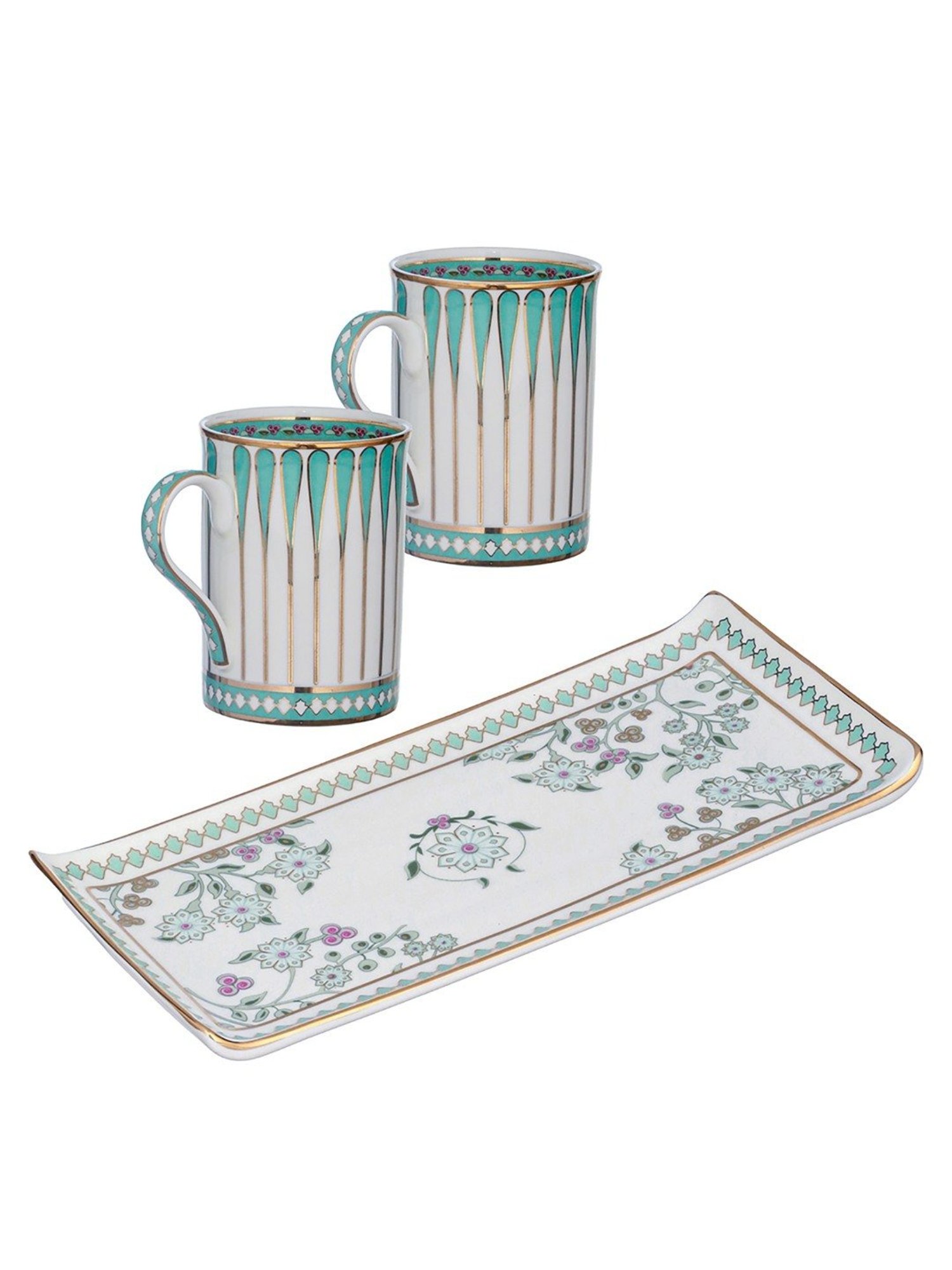 Trovea's Seaside Bloom 24K Gold Green Ceramic Mugs and Tray - Set of 2
