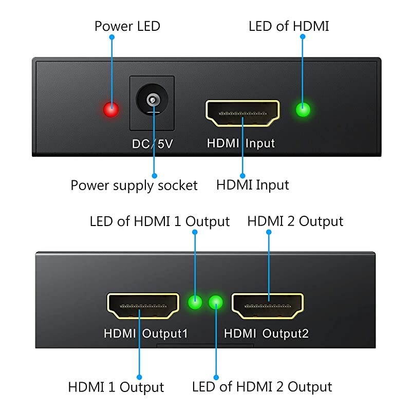 1x2 HDMI Splitter, 4K HDMI Splitter 1 in 2 Out HDMI Amplifier Adapter Aluminum Ver 1.4 HDCP with Power Adapter Supports 3D 4K@30HZ Full HD1080P for PC PS3 PS4 Blu-ray Player HDTV