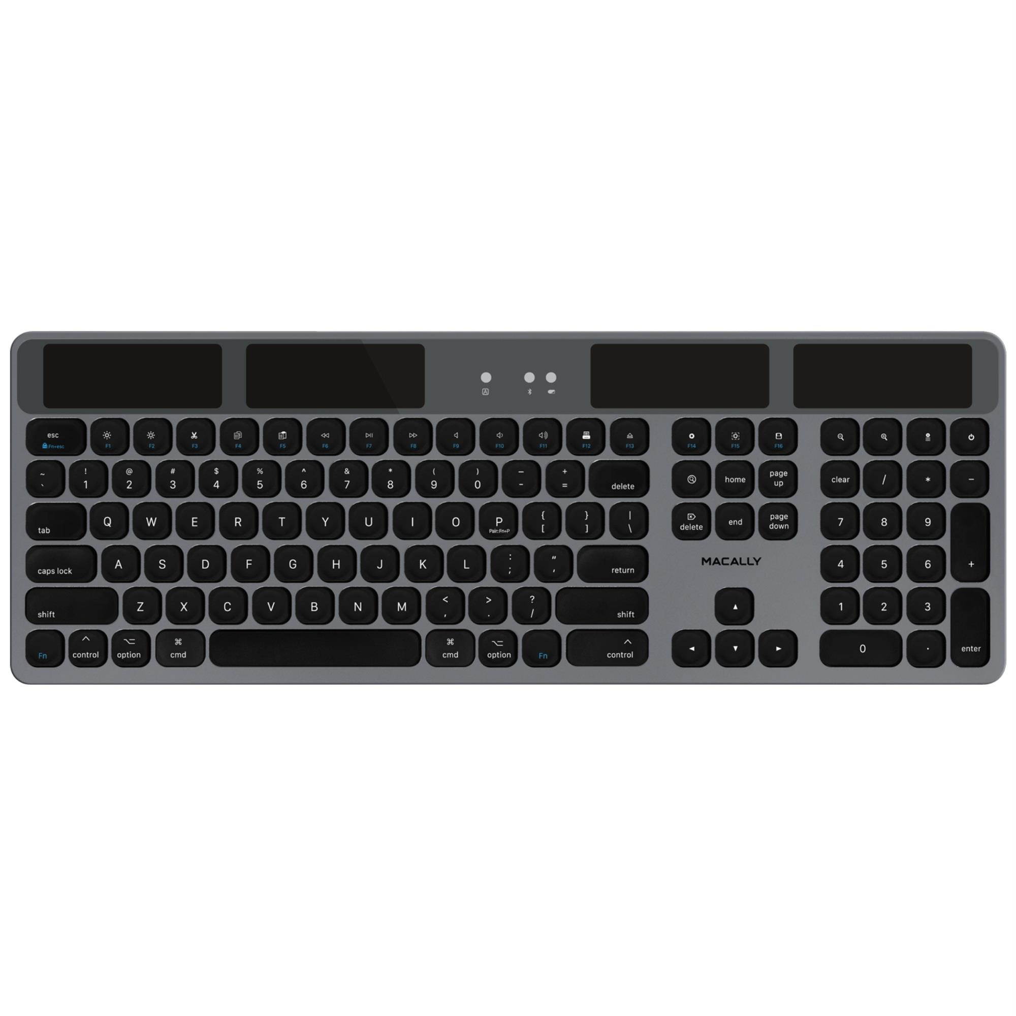 Macally Bluetooth Wireless Solar Keyboard for Mac Mini/Pro, iMac Desktop Computers & Apple MacBook Pro/Air Laptops | Rechargeable Via Any Light Source | Caps Lock/Battery Indicators - Space gray