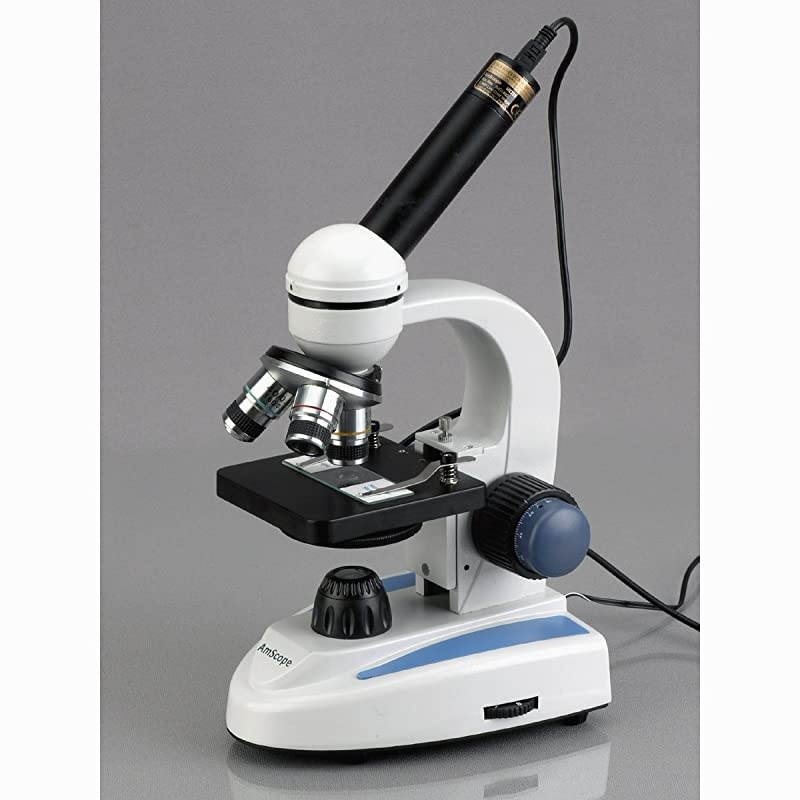 M158CE Compound Monocular Microscope WF10x and WF25x Eyepieces 40x1000x Magnification Brightfield LED Illumination Plain Stage 110V Includes 03MP Camera and Software