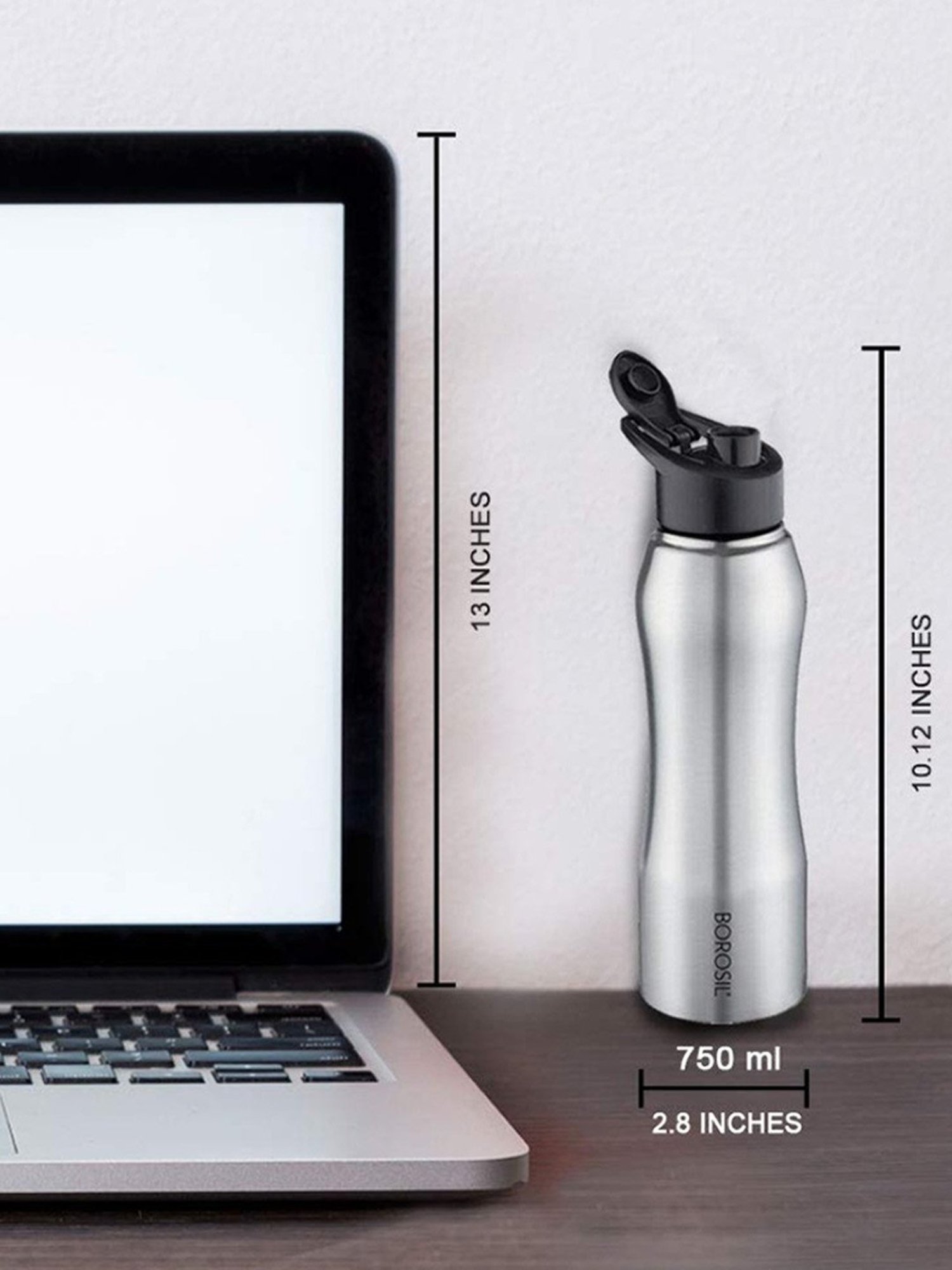 Borosil Water Bottle with Single Wall & Leakproof Set of 2 (Silver, 750 ml)