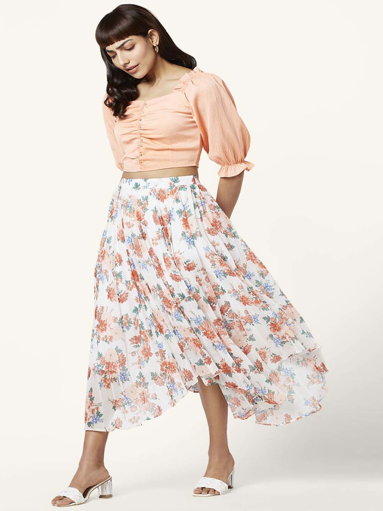 Honey by Pantaloons White & Peach Floral Print Assymetric Skirt