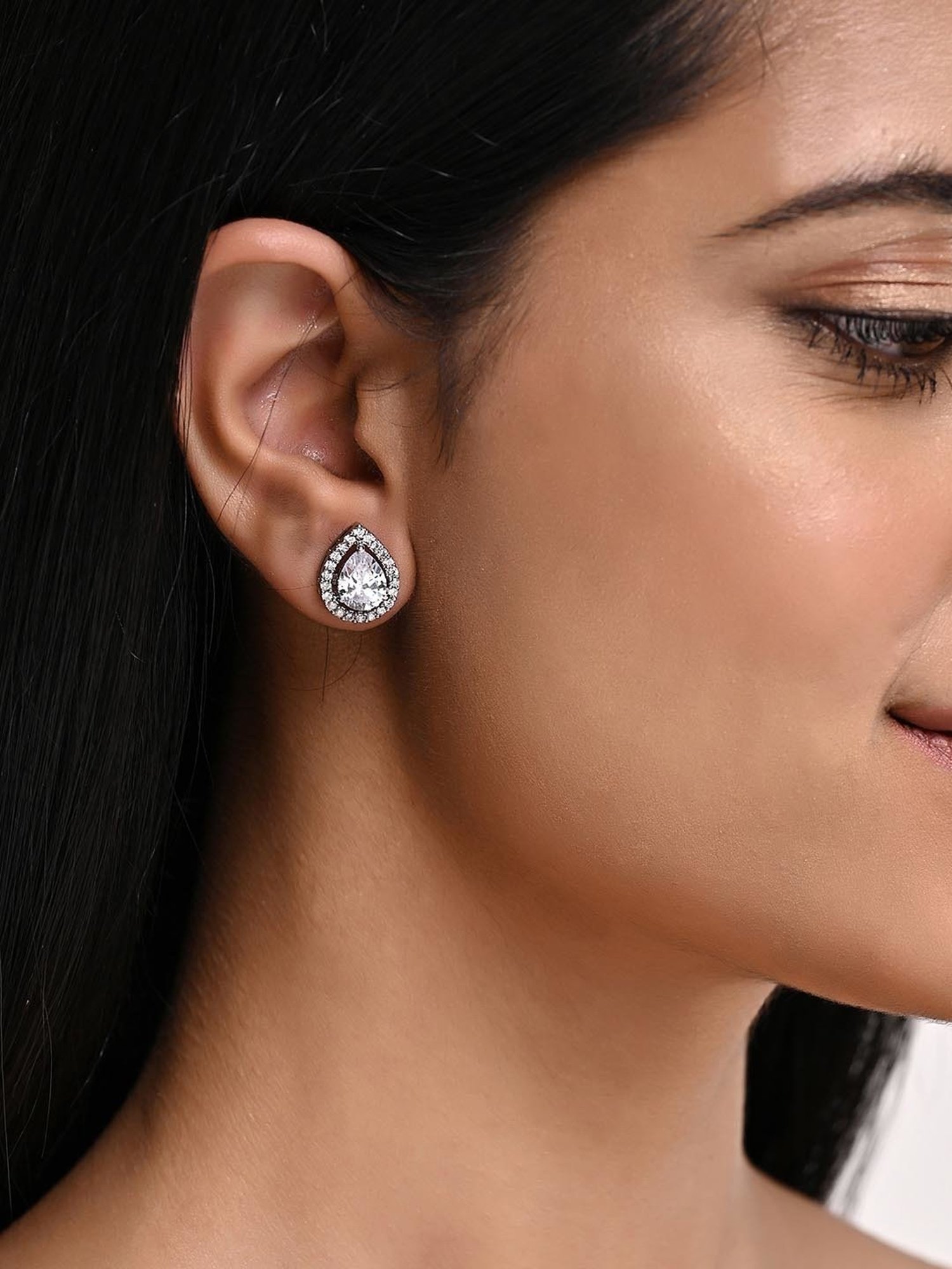 March by FableStreet Sterling Silver Pear Zircon Solitaire Stud Earrings for Women