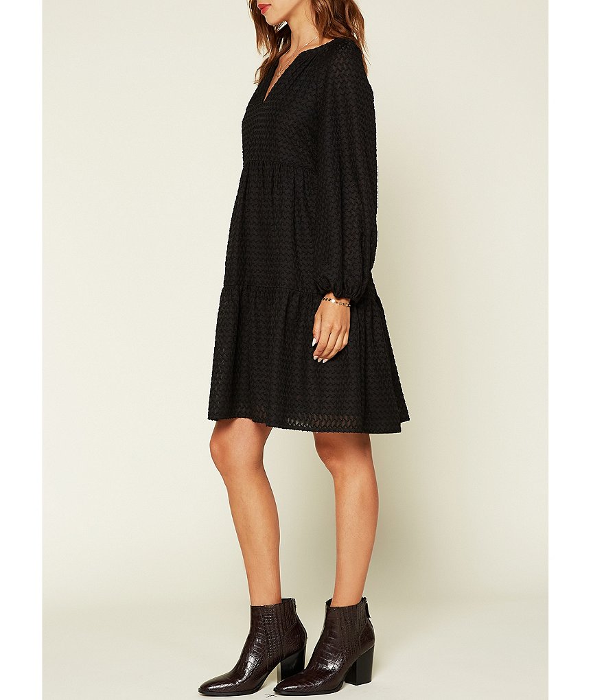 Skies Are Blue Jacquard Woven Notch Neck Long Sleeve Tiered Dress