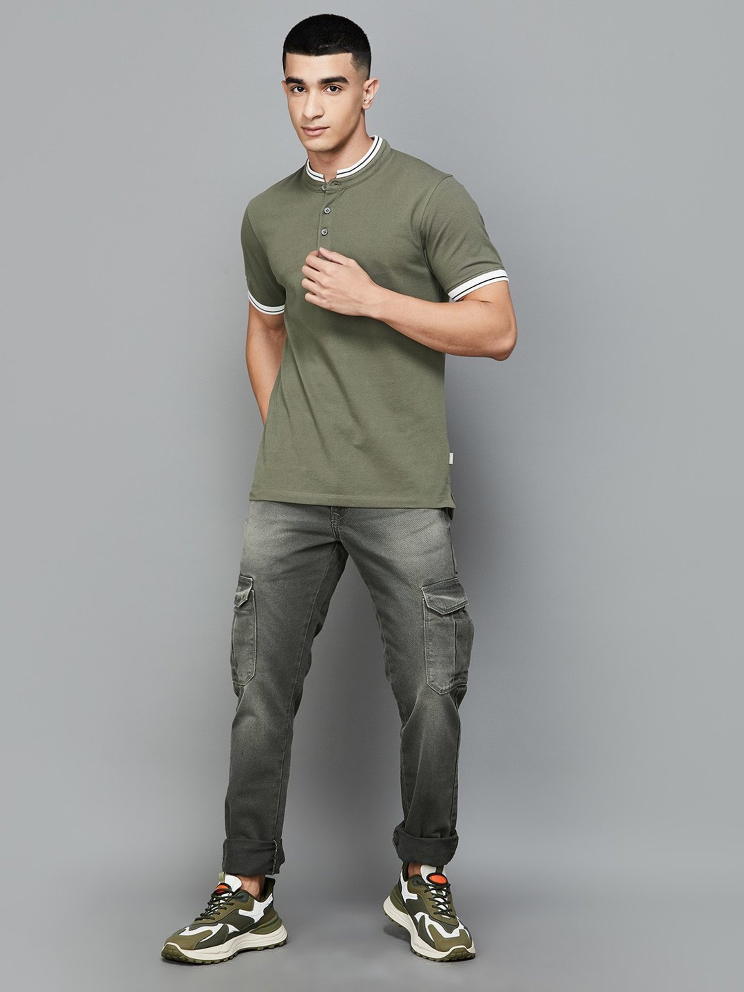 Forca by Lifestyle Olive Regular Fit Henley T-Shirts