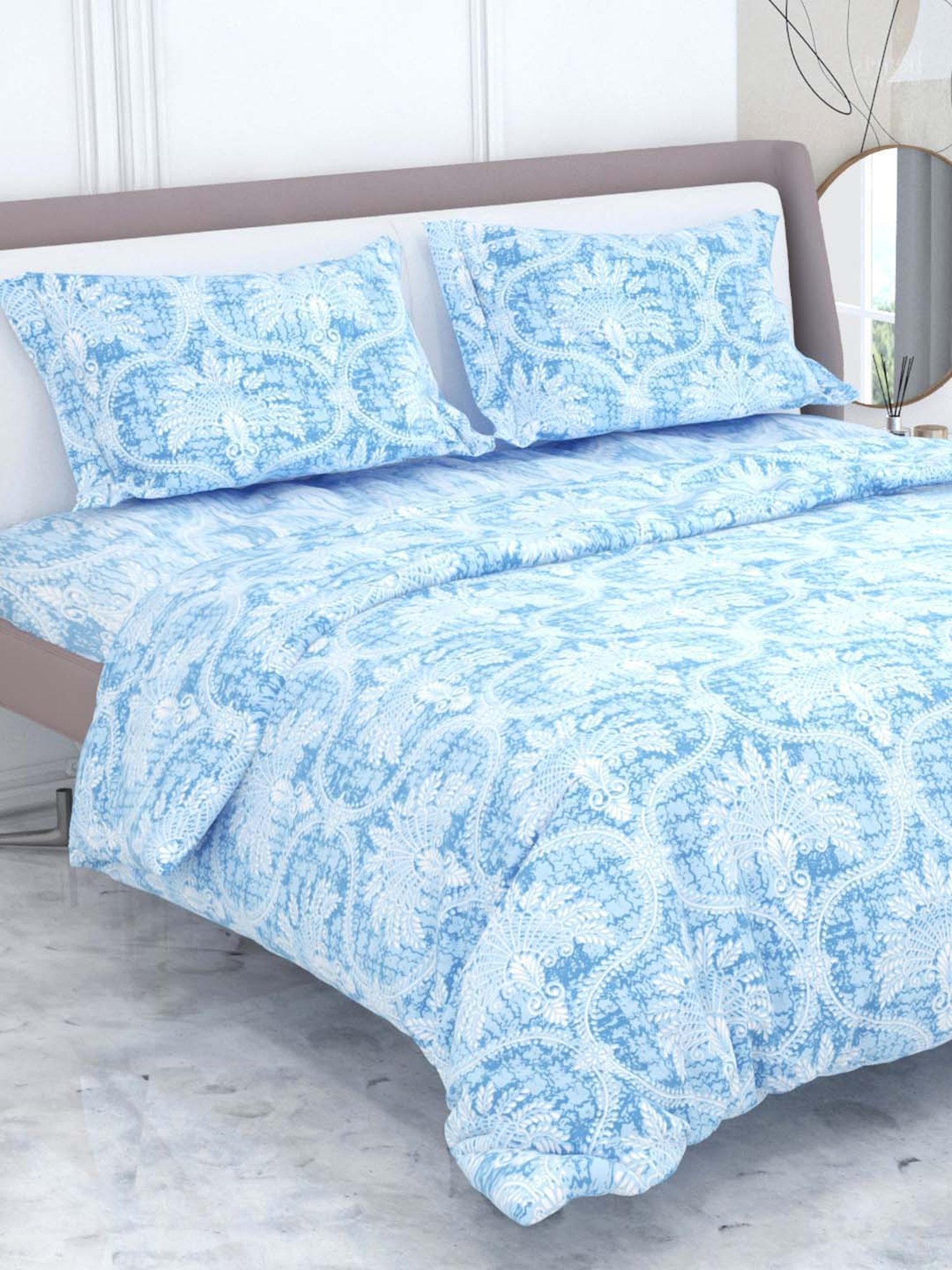 Ariana Elite Sky Blue Cotton 300 TC California King Bedsheet with 2 Pillow Covers