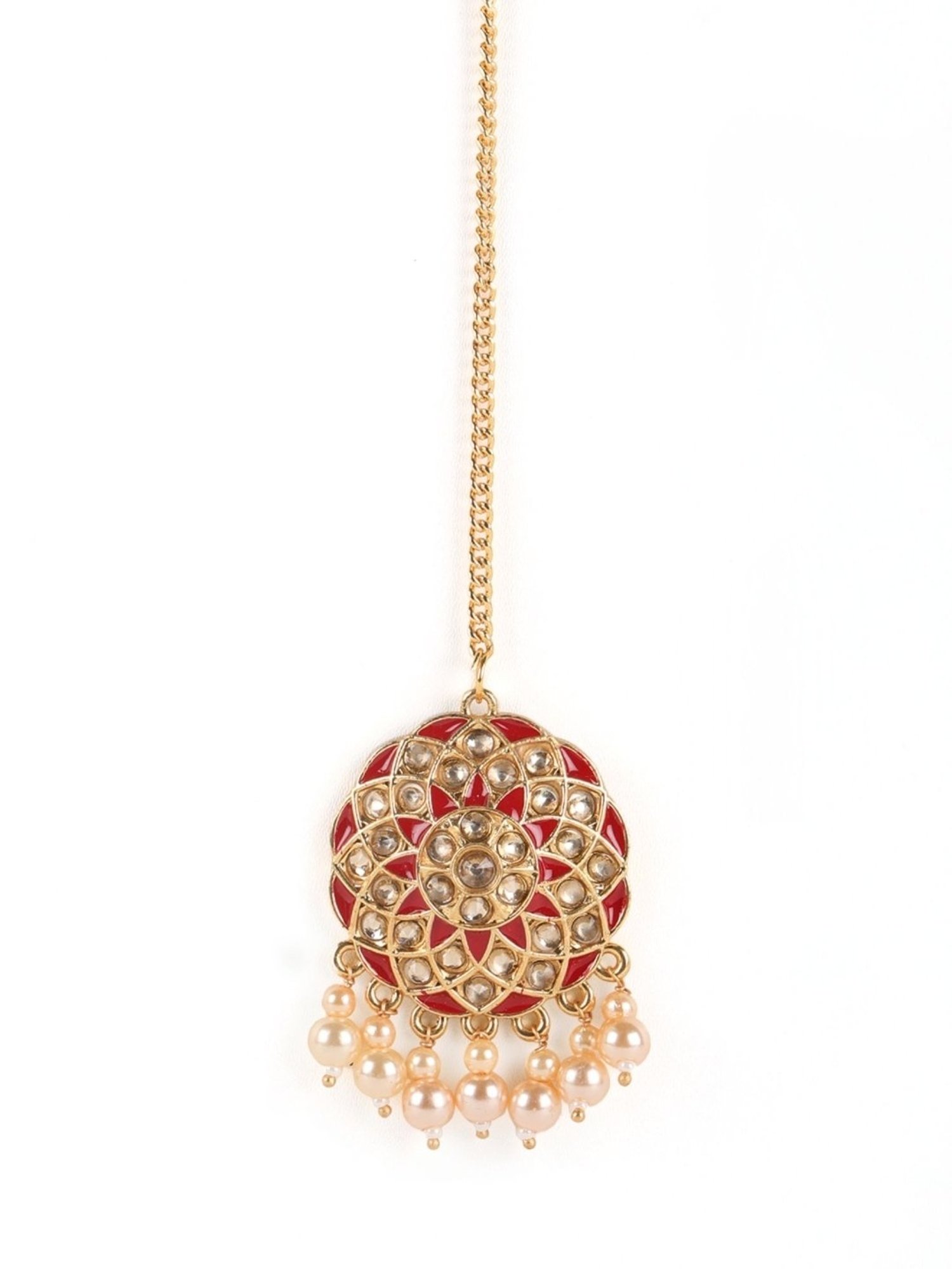 Aatmana Red & Cream Kundan Pearls Gold-Plated Necklace Set with MaangTikka for Women