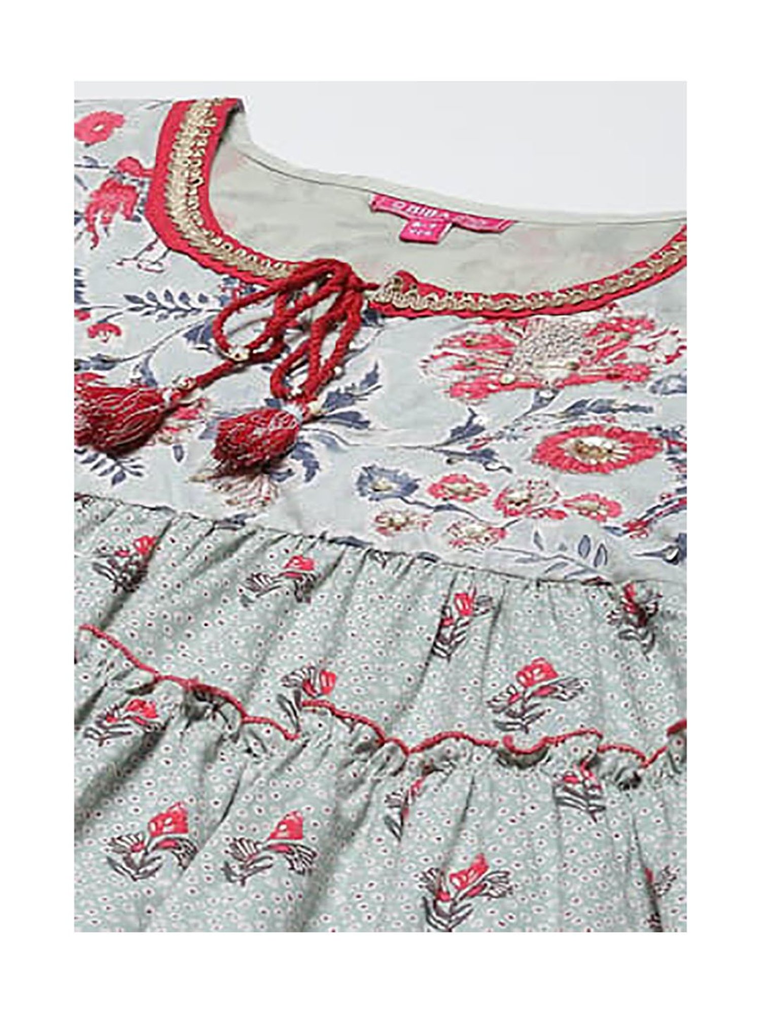 BIBA Girls Grey & Red Floral Print Kurta, Plazzos with Dupatta