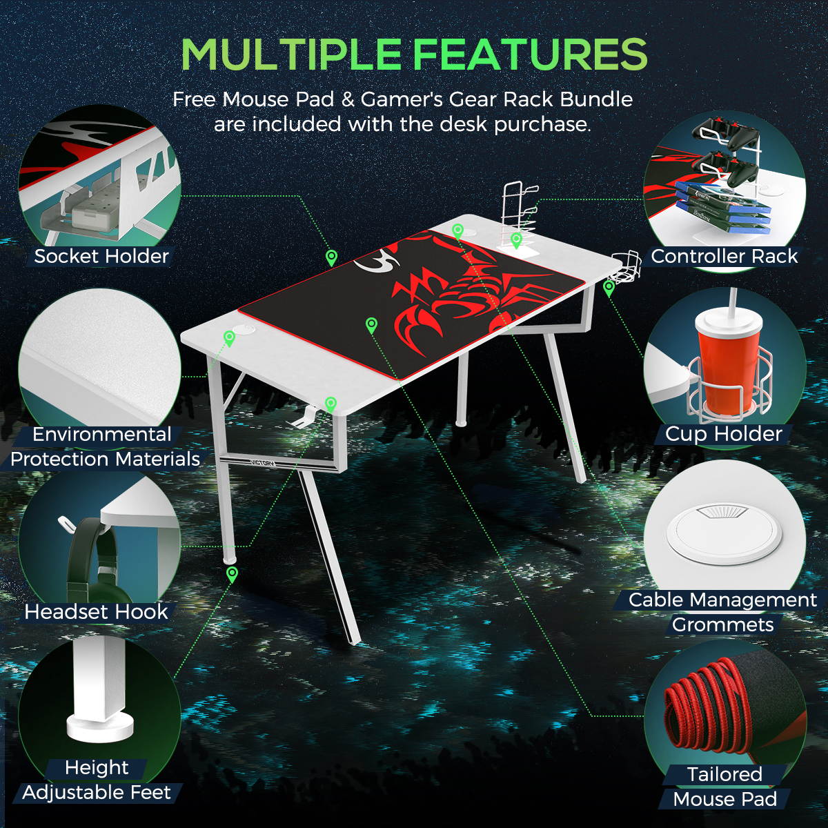 Eureka Gaming&reg; Captain K Series 47'' E-sport Desk, Home Office Gaming Computer Desk, K Shaped Gamer Workstation with Free Controller Stand, Cup Holder, Headphone Hook & Mousepad, White