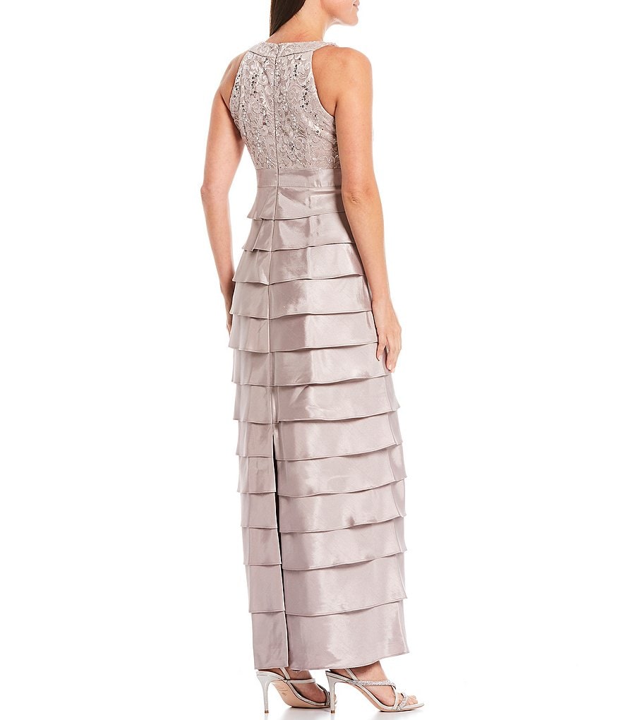 Jessica Howard Petite Size Round Neck Beaded Yoke Sleeveless Layered Skirt Gown