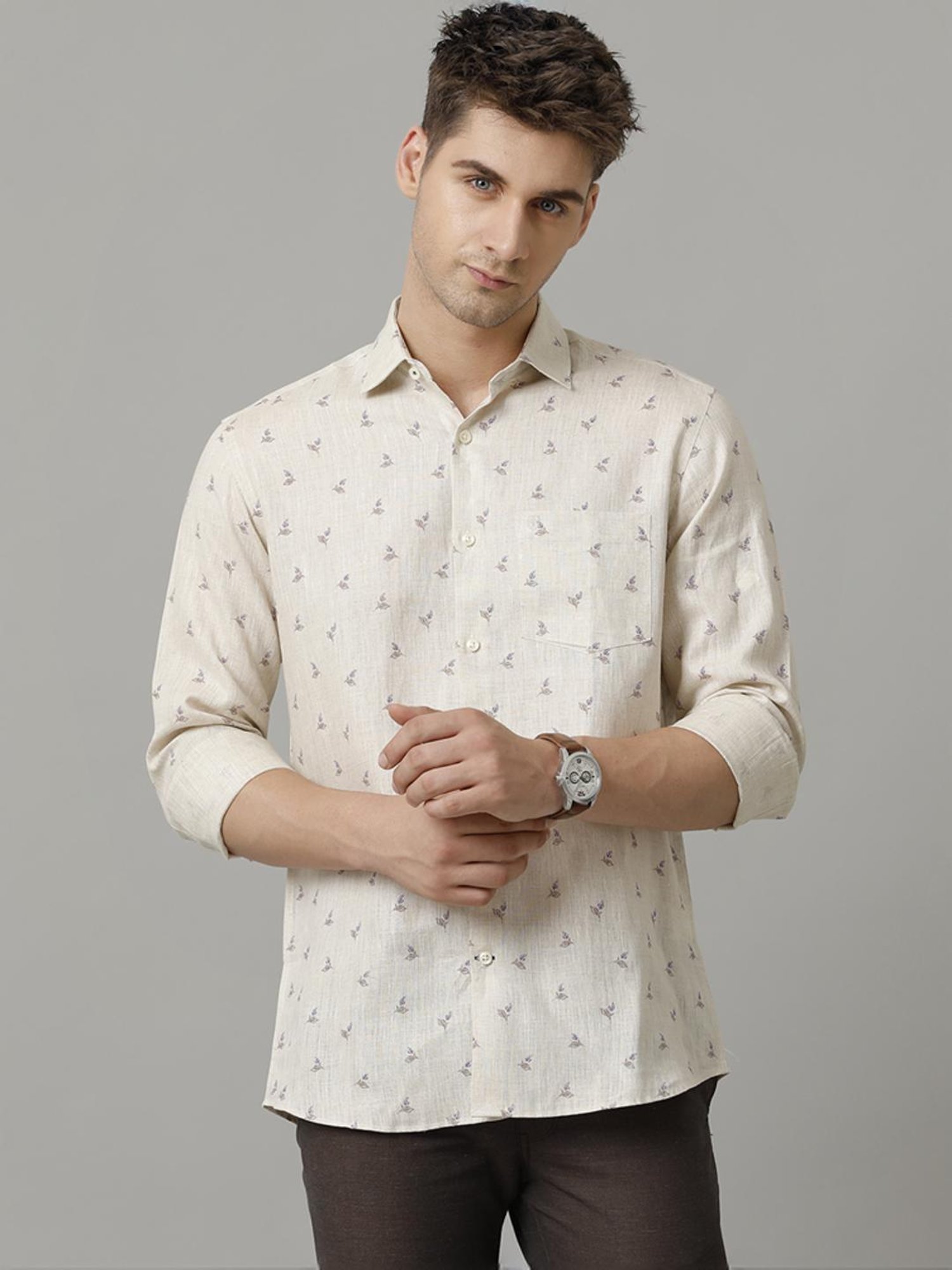 Linen Club Beige Linen Contemporary Fit Printed Shirt