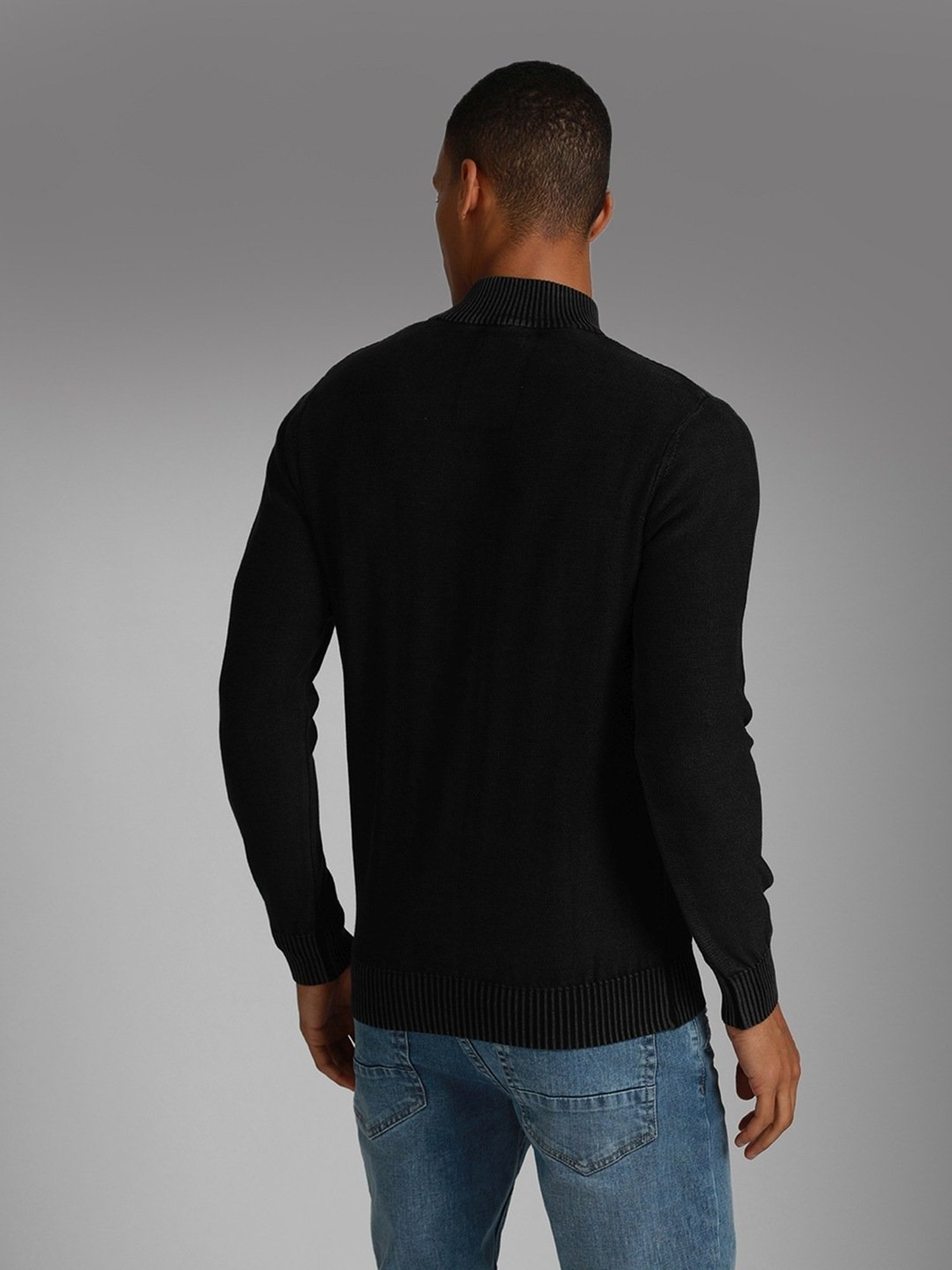 High Star Black Cotton Regular Fit Self Pattern Sweater