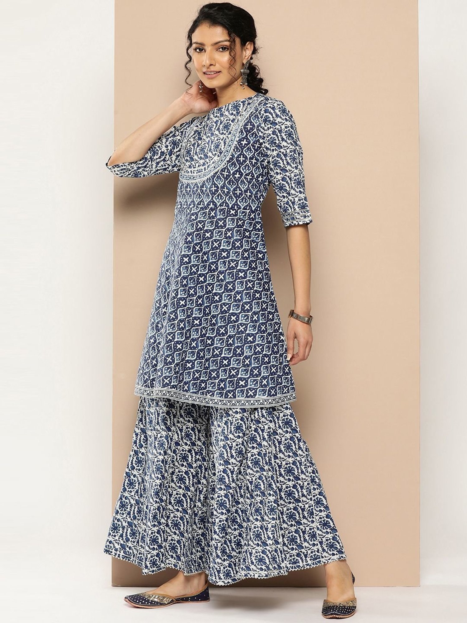 KSUT Blue Cotton Printed Kurti Sharara Set