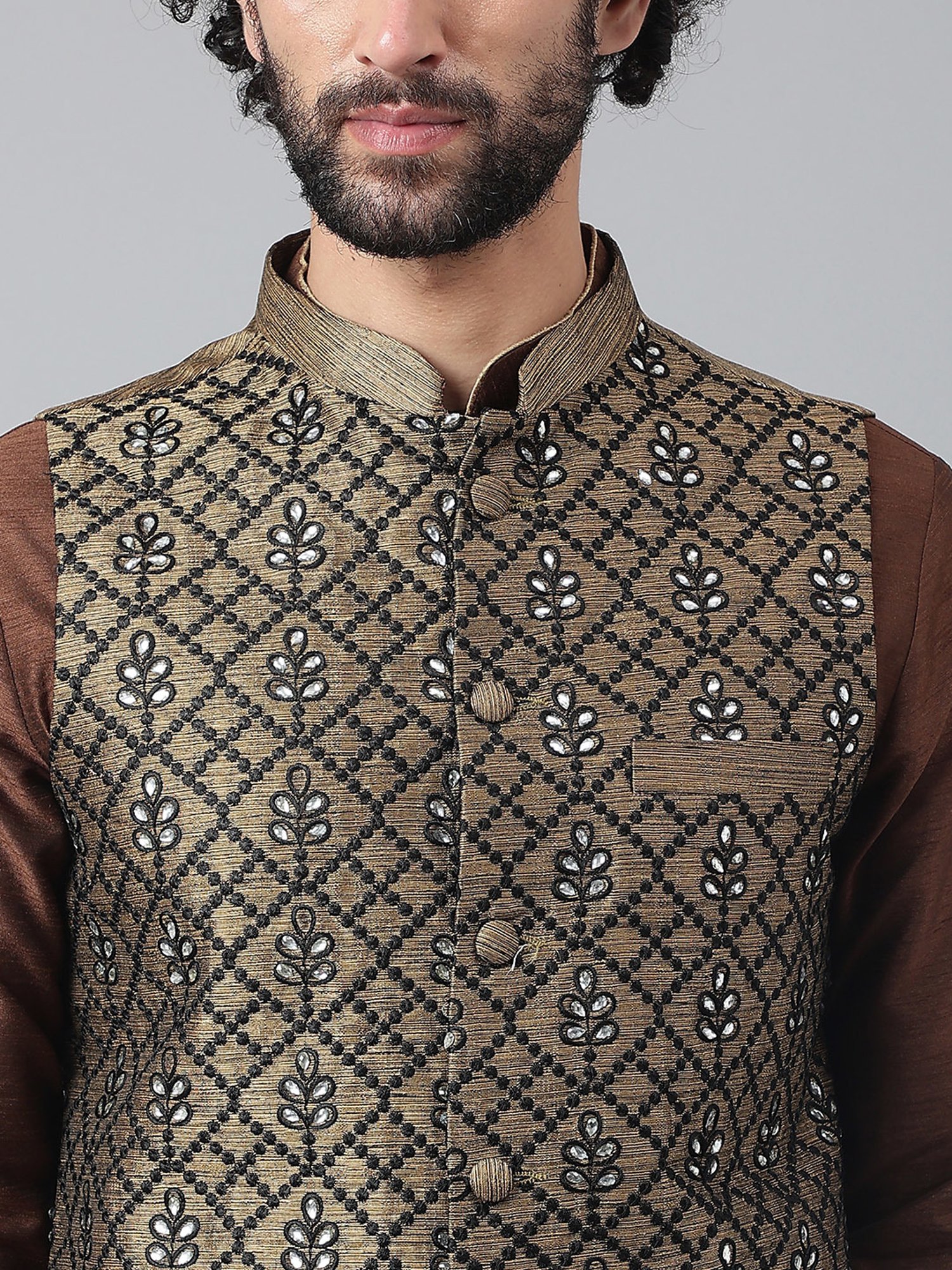 Hangup Plus Brown Regular Fit Embroidered Nehru Jacket