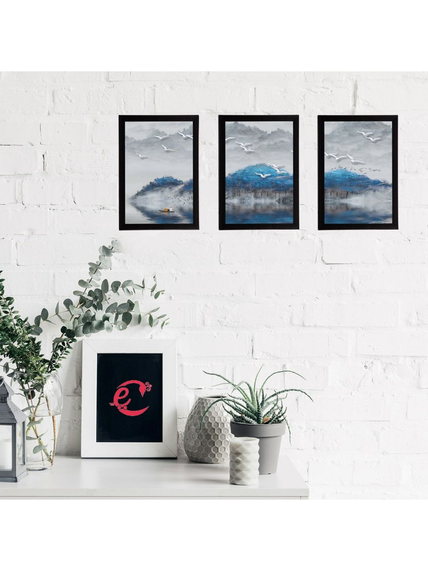 eCraftIndia Set Of 3 Blue Trees and Birds Satin Matt Texture UV Art Painting