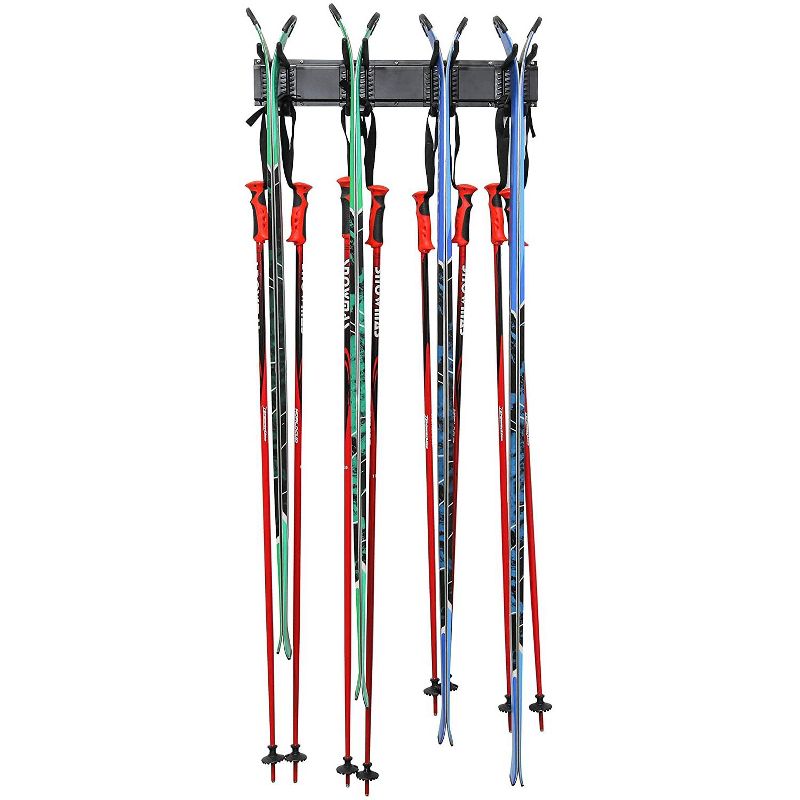 RaxGo Ski Wall Rack, Holds 4 Pairs of Skis & Skiing Poles or Snowboard, for Home and Garage Storage, Wall Mounted, Heavy Duty, Adjustable Rubber-Coated Hooks
