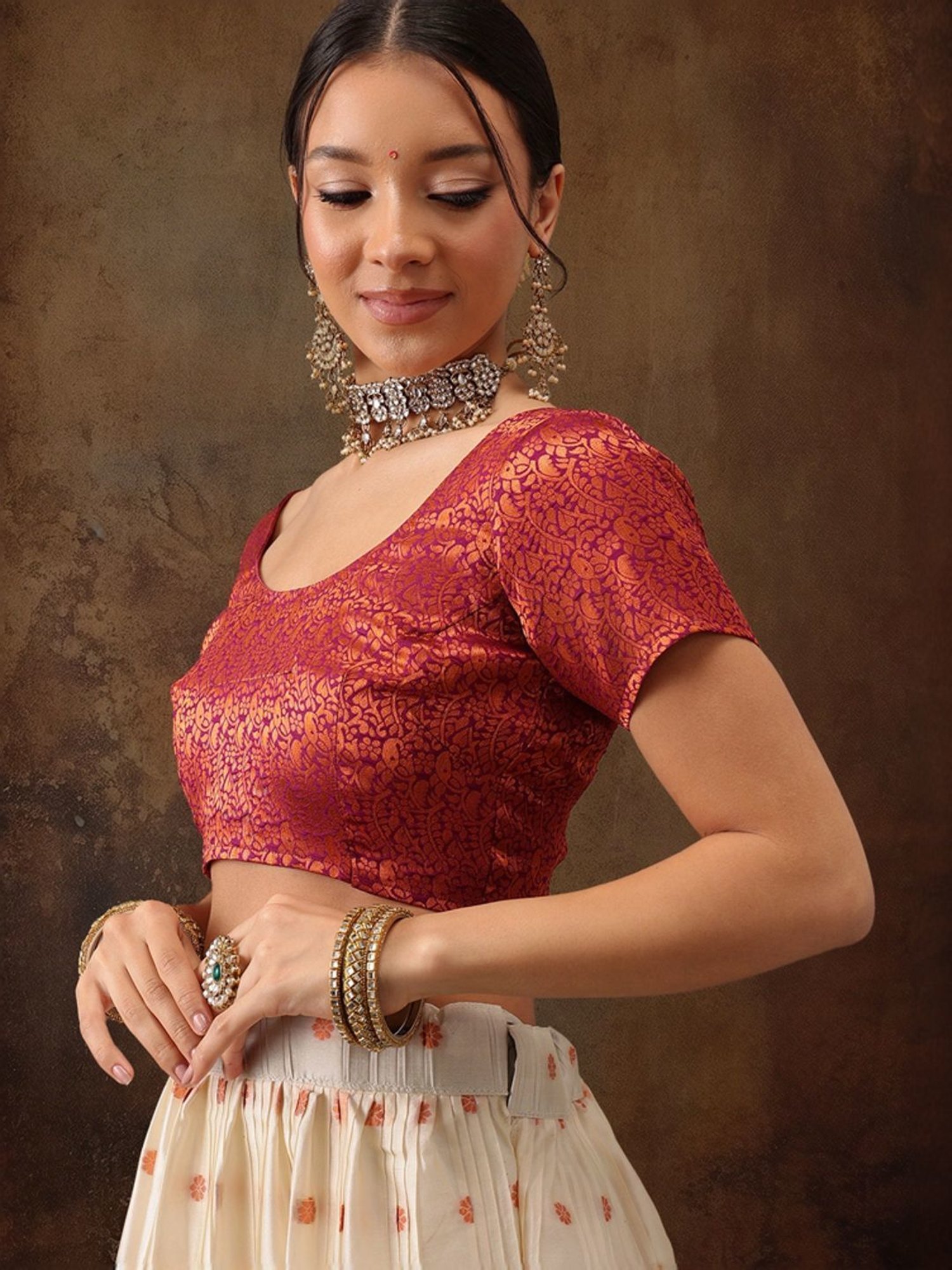 Silk Land Beige & Purple Woven Pattern Semi Stitched Lehenga Choli Set With Duppata