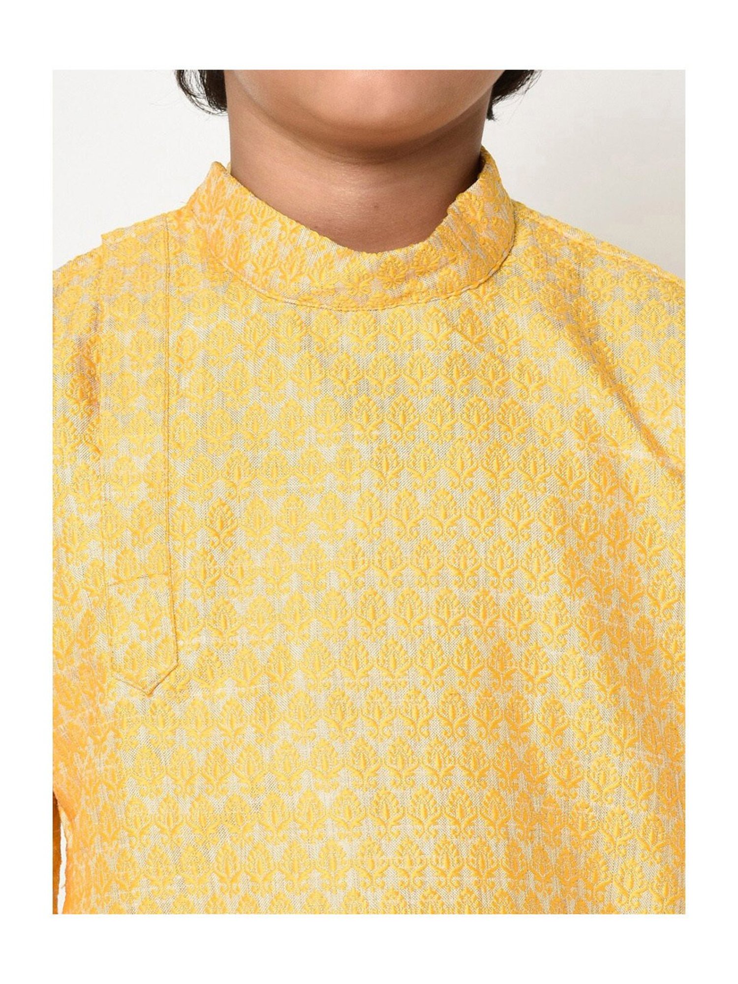 Deyann Kids Yellow & Cream Embroidery Full Sleeves Kurta with Churidar Pants
