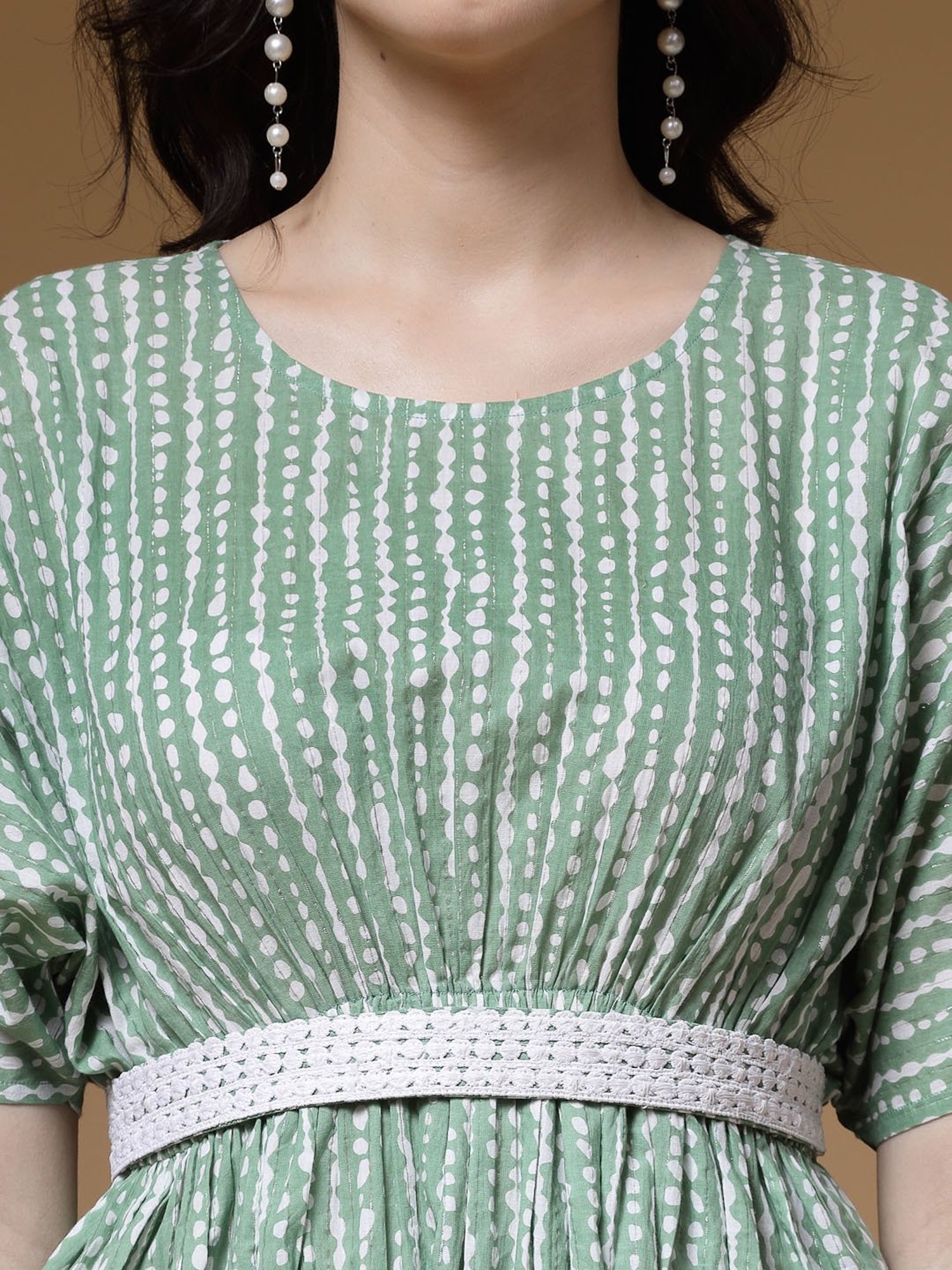 Indibelle Green Cotton Striped Ethnic Dress