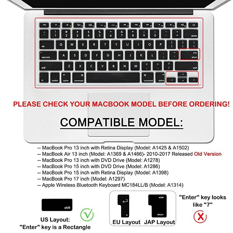 Keyboard Cover Skin for 2015 or Old Version MacBook Air 13 MacBook Pro withWithout Retina Display 13 15 17 inch Wireless Keyboard Not fit for with 2019 2018 Air 13 A1932Shadow