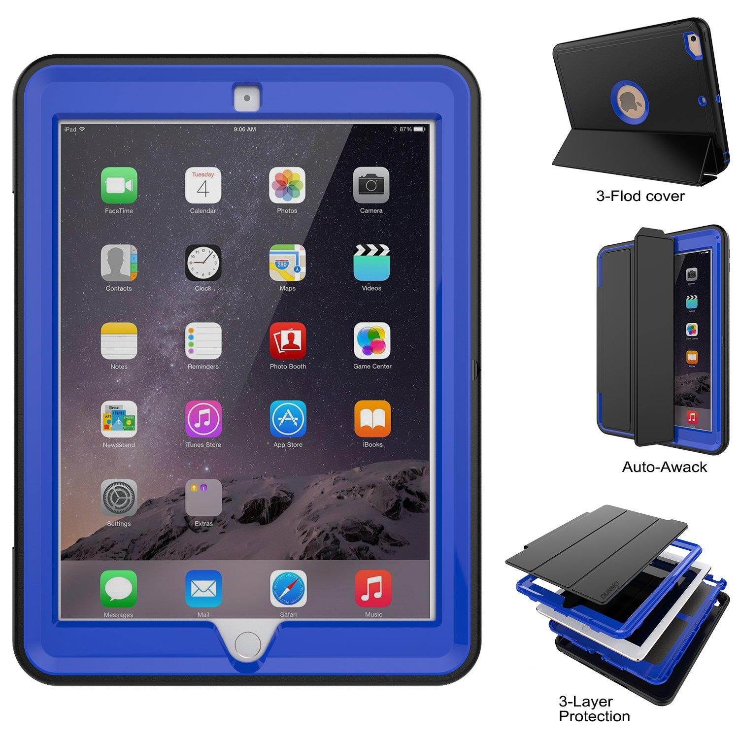 New iPad 9.7 2017/2018 case - DUNNO Heavy Duty Full Body Rugged Protective Case with Auto Sleep/Wake Up Stand Folio & Three Layer Design for Apple iPad 9.7 inch 2017/2018 (Black+Blue)