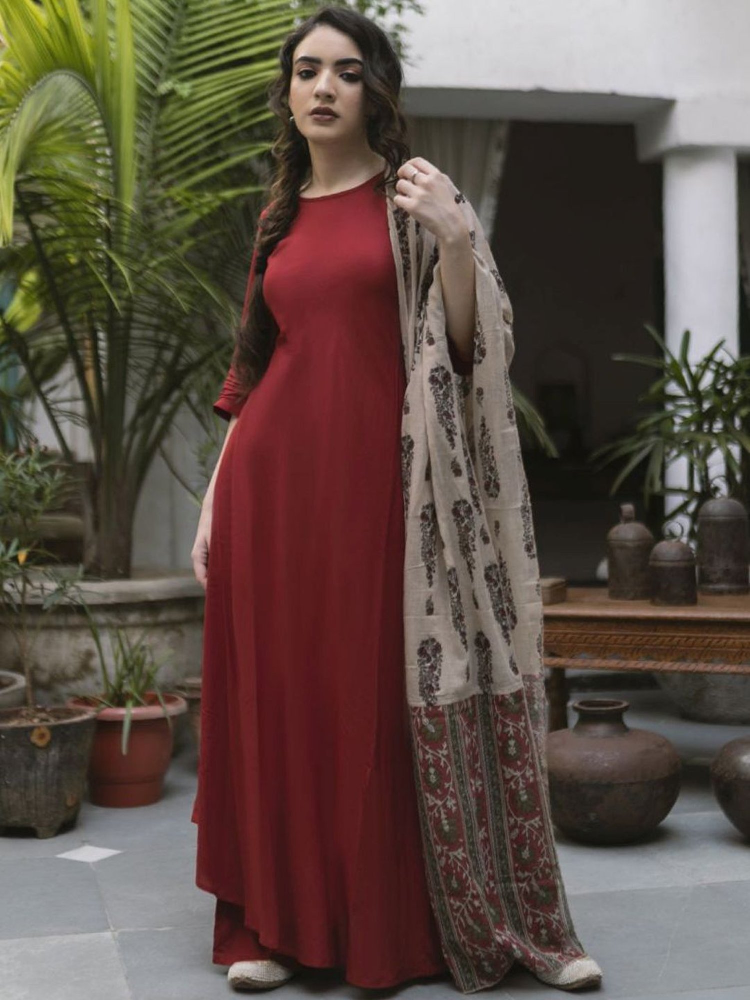 Rustorange Maroon Flared Kurta & Palazzo Set with Dupatta
