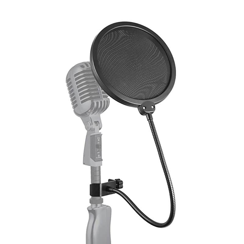 Microphone Pop Filter Dual Layer Mesh Shield with Swivel Mount 360 Flexible Gooseneck Clip Stabilizing Arm