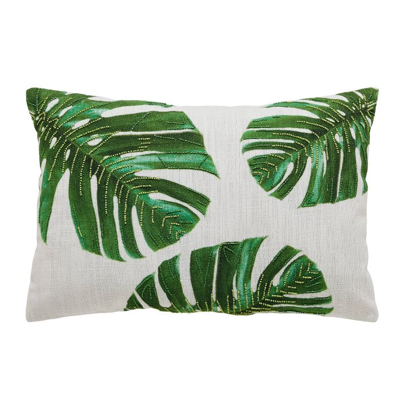 14"x20" Palm Leaves Embroidered Lumbar Throw Pillow White/Green - VCNY