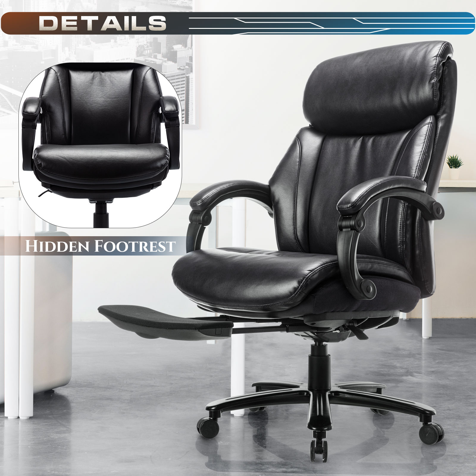 COLAMY Big & Tall Reclining Office Chair with Footrest, High Back Bonded Leather Executive Computer Desk Swivel Chair with Adjustable Tilt Angle Metal Base Thick Padding Wide Seat