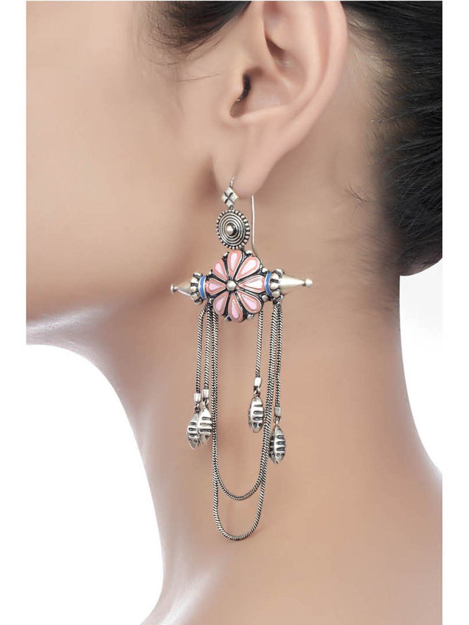 Tribe Amrapali Pink Chandrika Flower Dangler Earrings