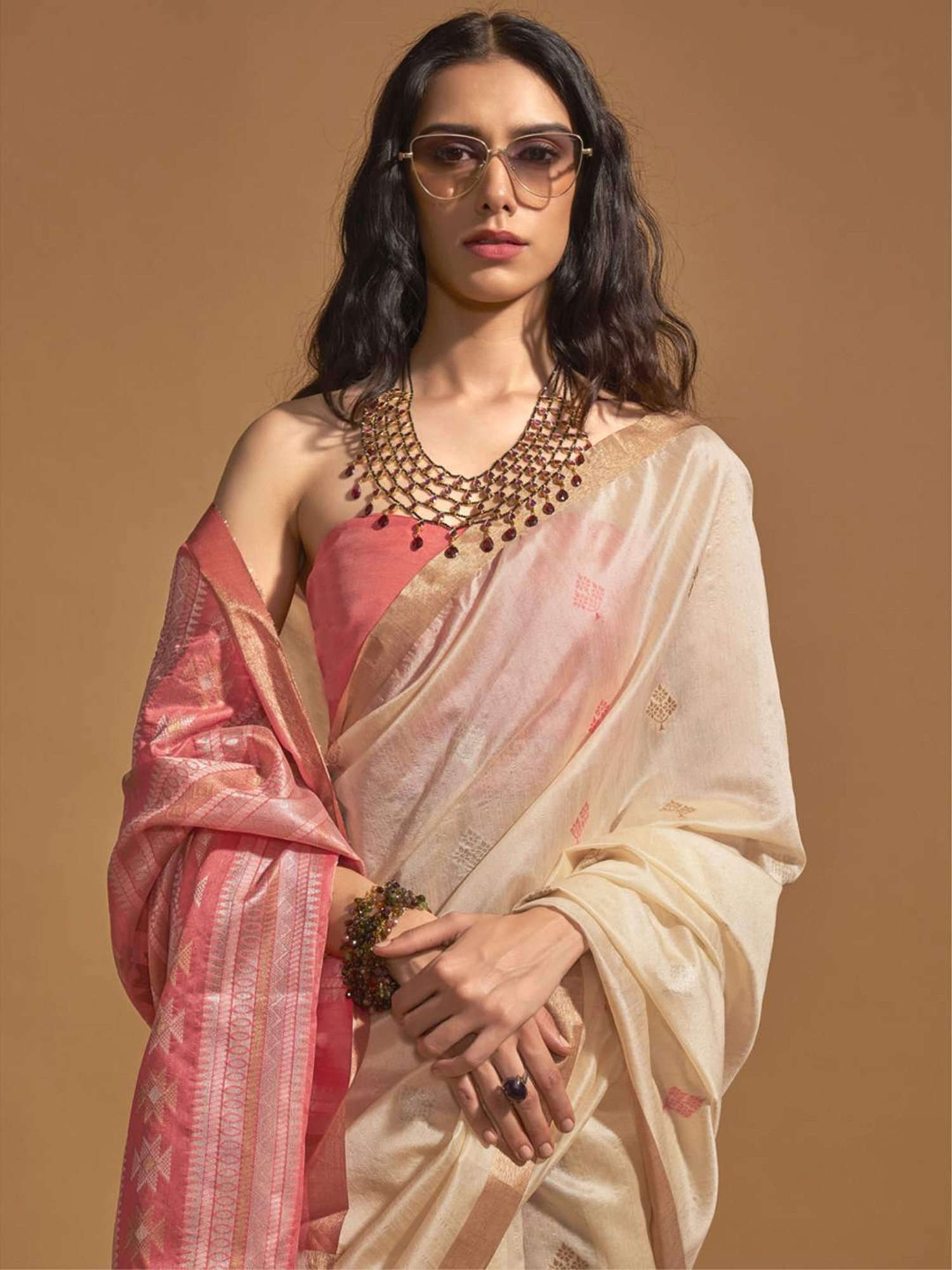 Elora Off-White & Pink Silk Woven Saree With Unstitched Blouse