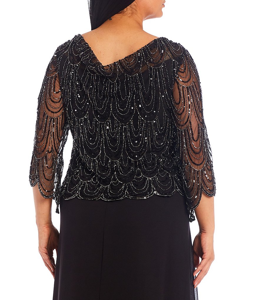 Jkara Plus Size Cowl Neck 3/4 Sleeve Scallop Beaded Bodice Gown