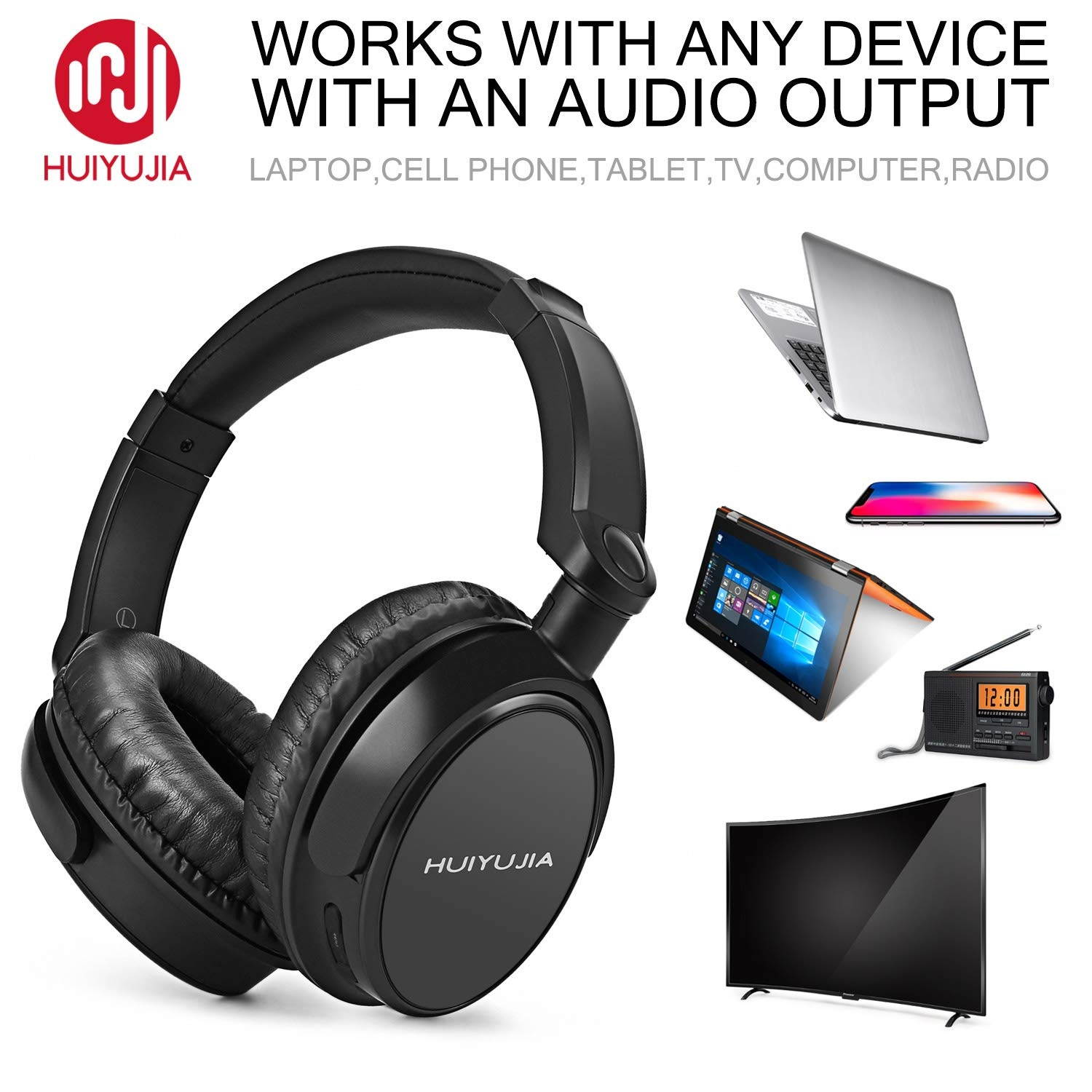 HUIYUJIA Wireless Bluetooth Headphones with Over Ear, Hi-Fi Stereo Headset with Soft Memory-Protein Earmuffs & Audio Cable, w/Built-in Mic PC/TV/Cell Phones