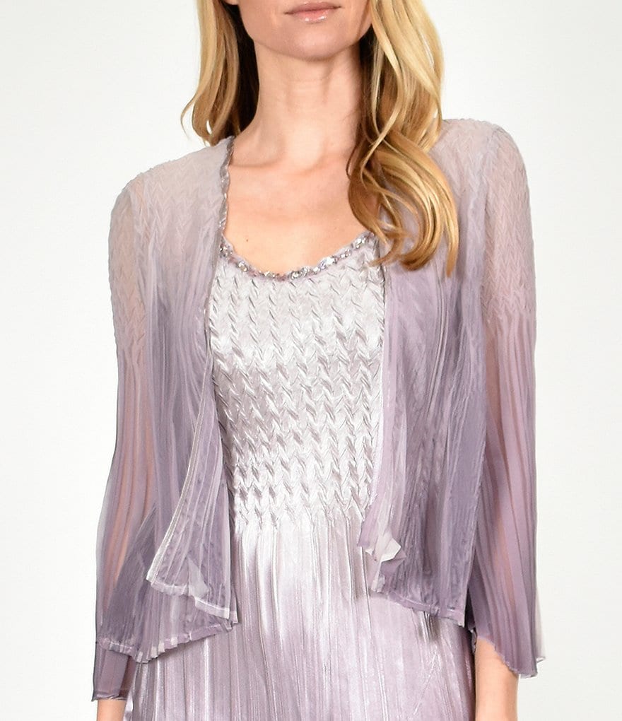 Komarov Beaded Neckline Ombre Chiffon Shiny Satin Charmeuse Crinkle Jacket Dress