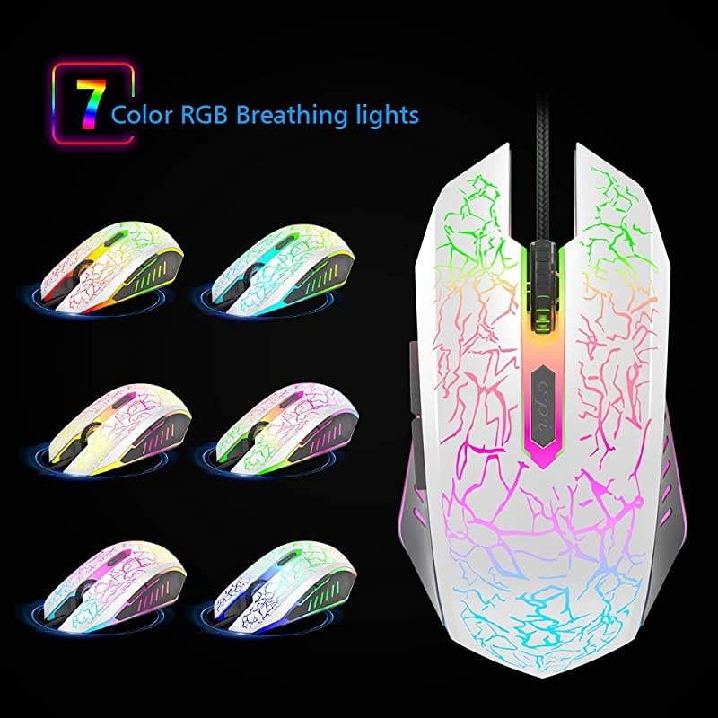 Wired Gaming Mouse, Ergonomic USB Optical Mouse Mice with Chroma RGB Backlit, 1200 to 3600 DPI for Laptop PC Computer Games & Work &ndash; White