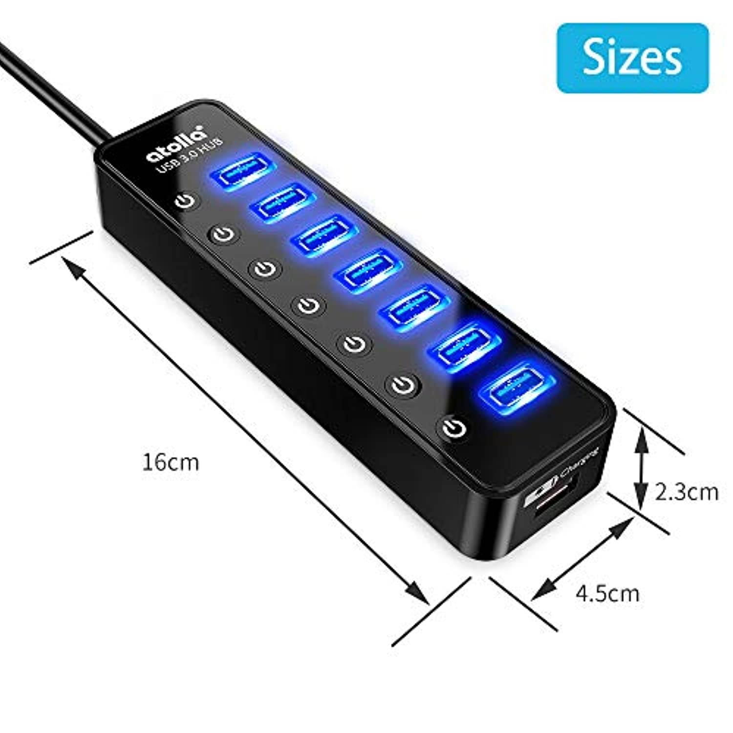 Powered USB Hub 3.0, Atolla 7-Port USB Data Hub Splitter with One Smart Charging Port and Individual On/Off Switches and 5V/4A Power Adapter USB Extension for MacBook, Mac Pro/Mini and More.