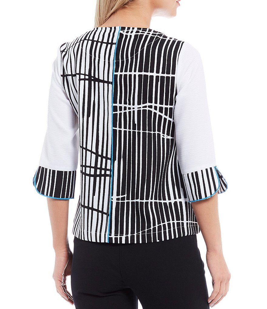 Multiples Petite Size Geo Print 3/4 Cuffed Sleeve One-Button Front Woven Jacket