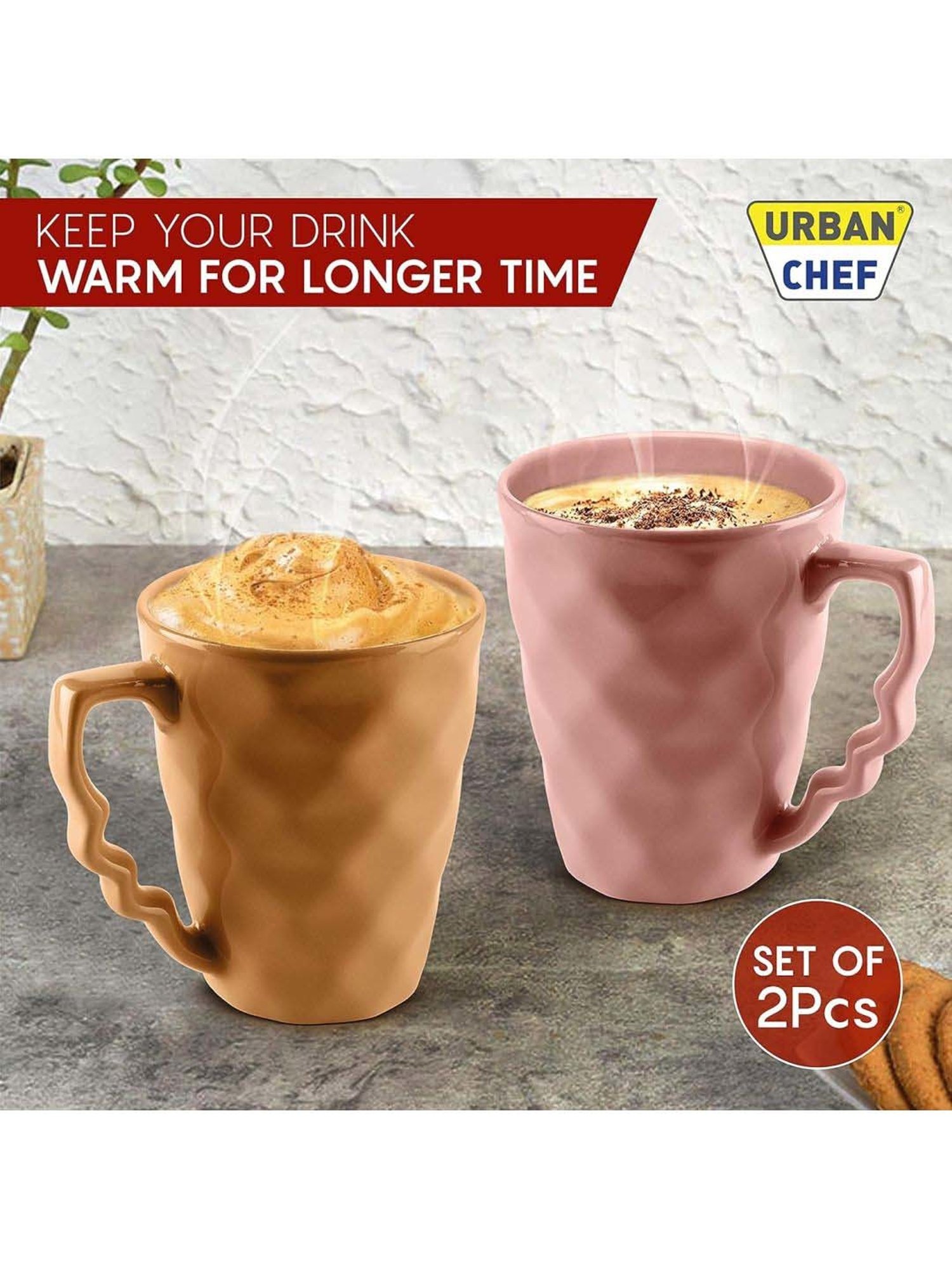 Urban Chef Pink & Brown Ceramic Prism Microwave Safe Coffee Mug (0.225 L) - Set of 2