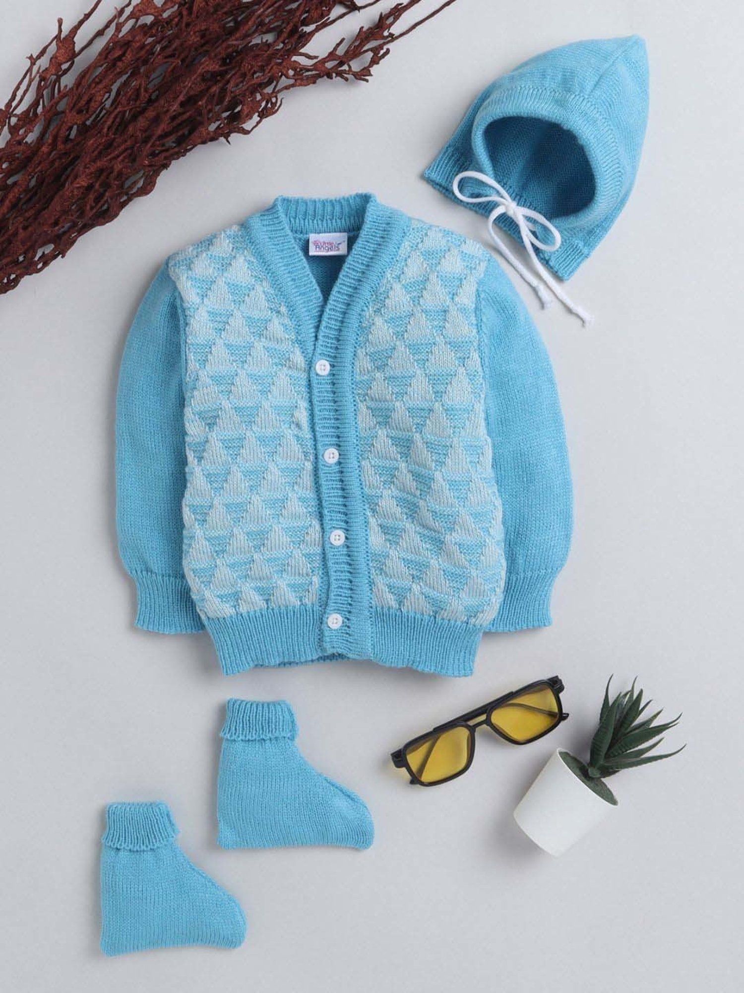 Little Angels Kids Blue Textured Pattern Full Sleeves Sweater Set
